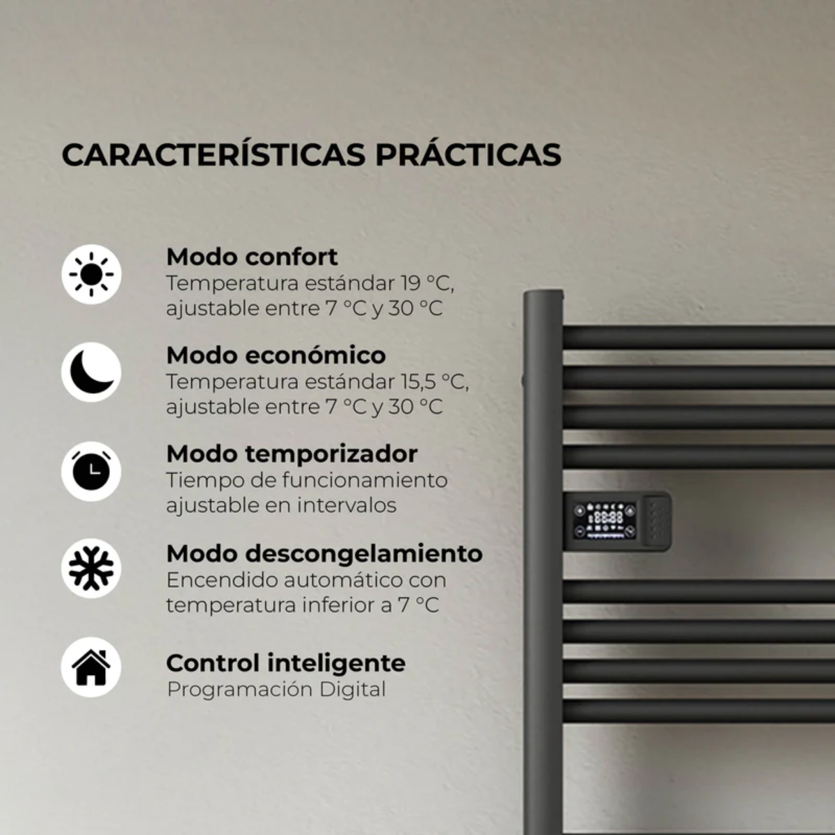Calefactor Secador de Toallas Eléctrico para Baño Programable 500 w Mural 88x54 cm Vesubio Negro