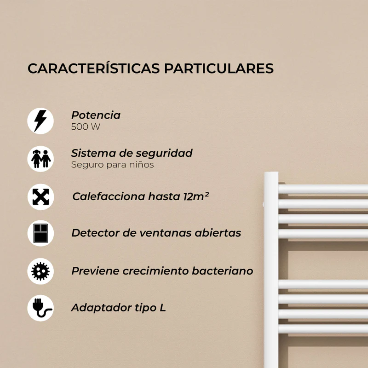 Calefactor Secador de Toallas Eléctrico para Baño Programable 500 w Mural 88x54 cm Vesubio Blanco