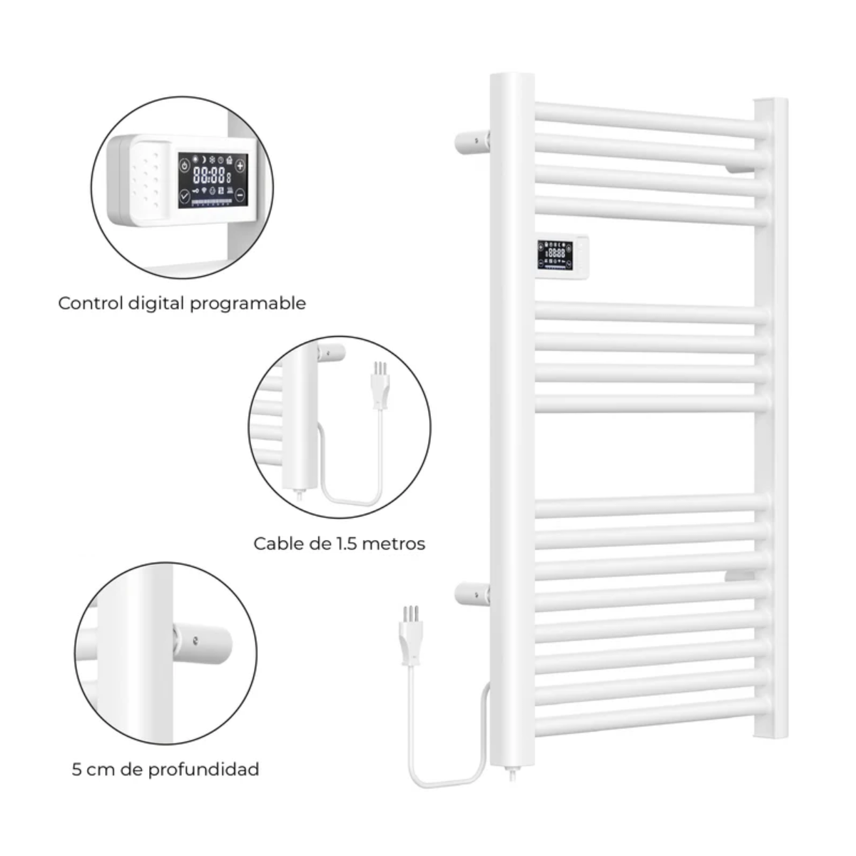 Calefactor Secador de Toallas Eléctrico para Baño Programable 500 w Mural 88x54 cm Vesubio Blanco