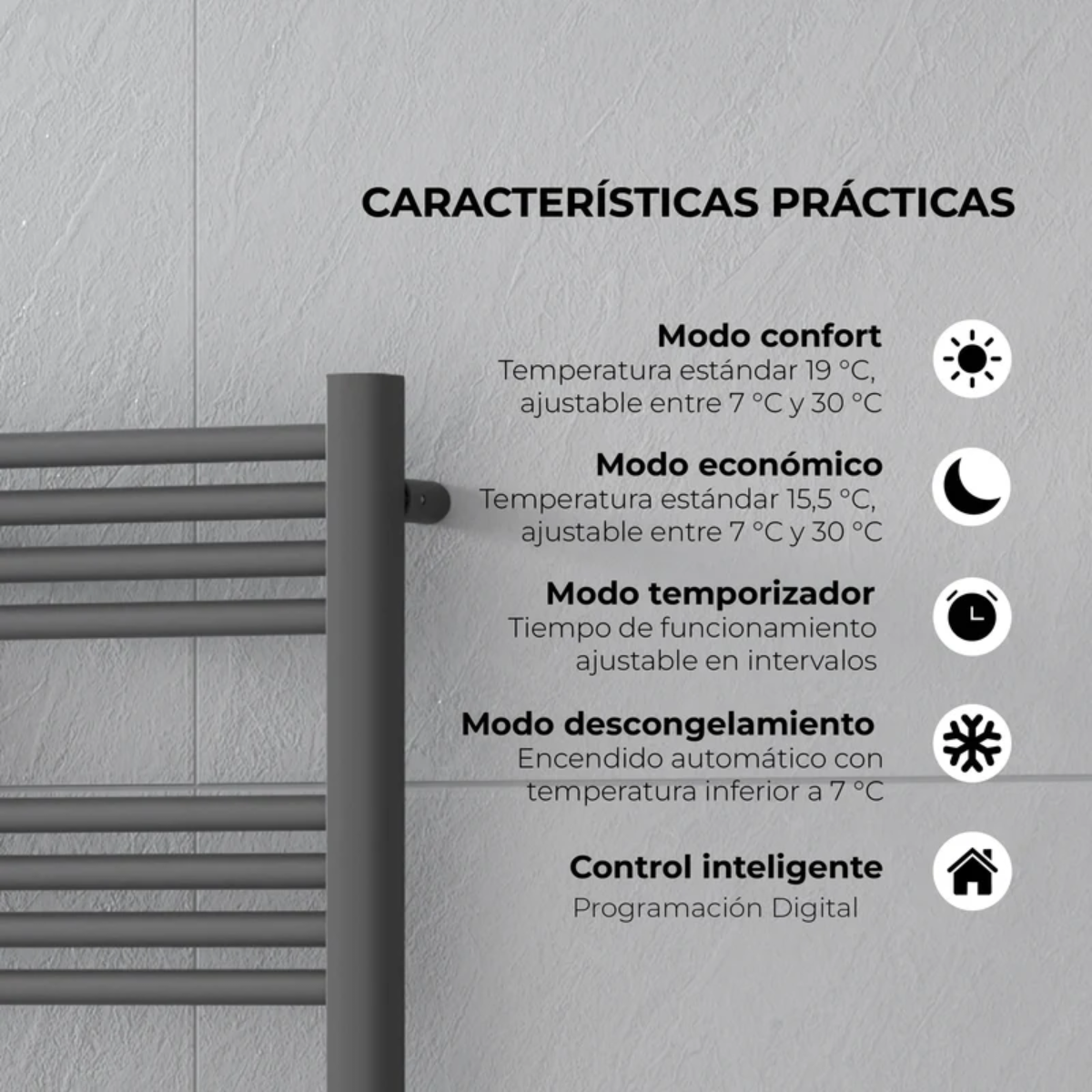 Calefactor Secador de Toallas Eléctrico para Baño Programable 500 w Mural 88x54 cm Vesubio Gris Grafito