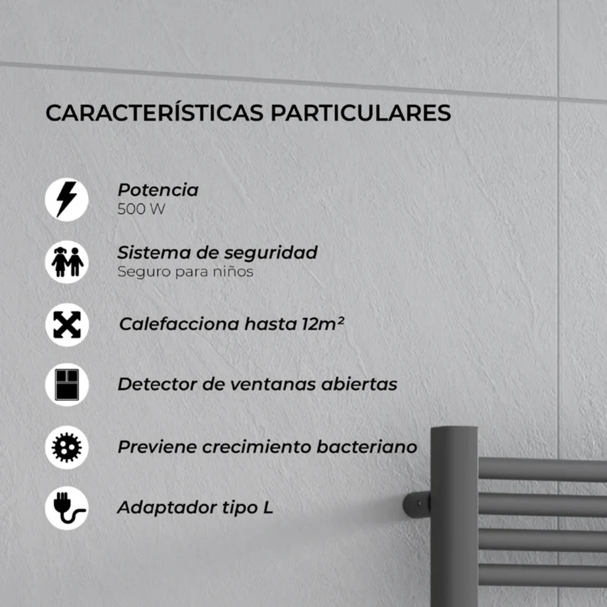 Calefactor Secador de Toallas Eléctrico para Baño Programable 500 w Mural 88x54 cm Vesubio Gris Grafito