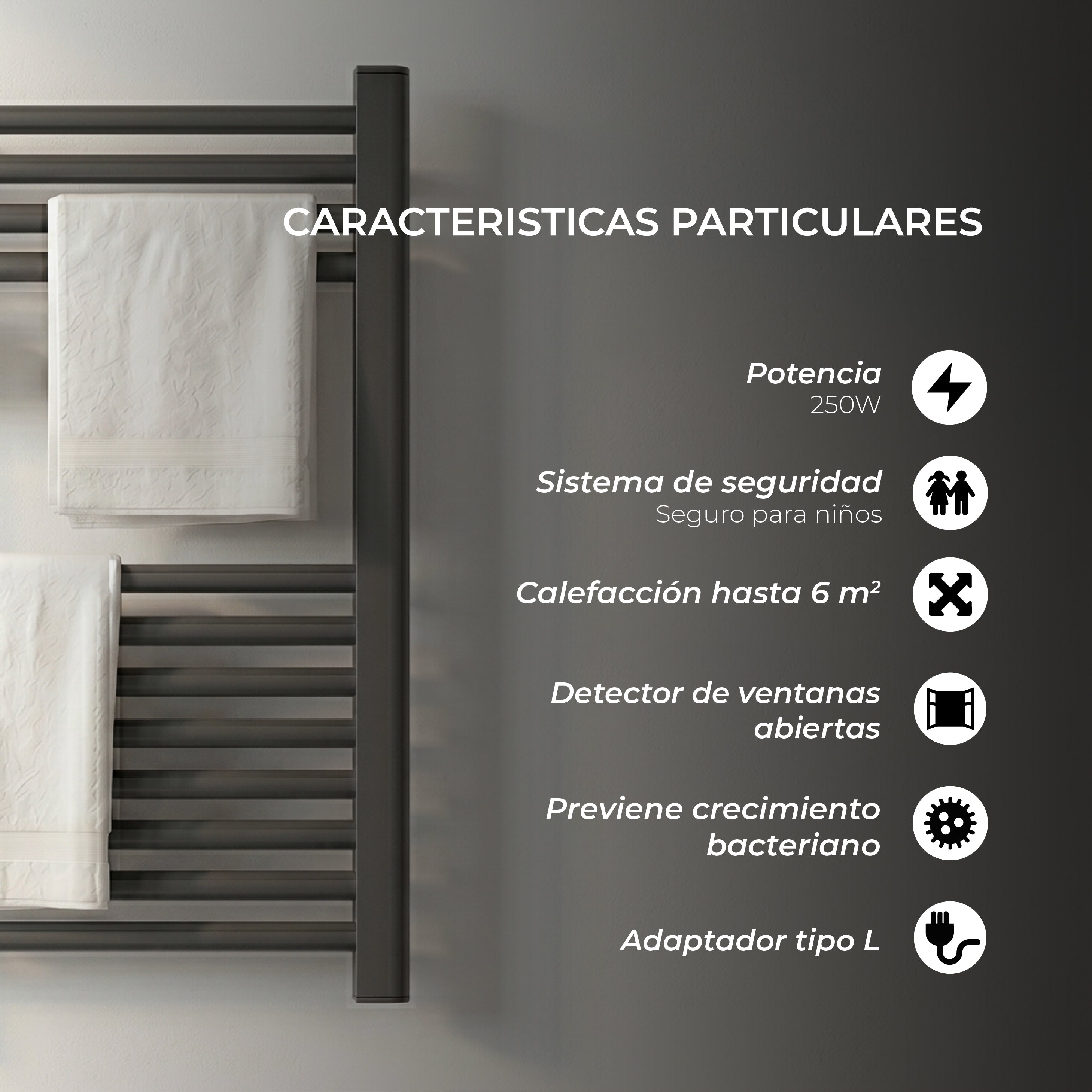 Calefactor Secador de Toalla Eléctrico para Baño 250W Mural 70cm x 40cm Siena