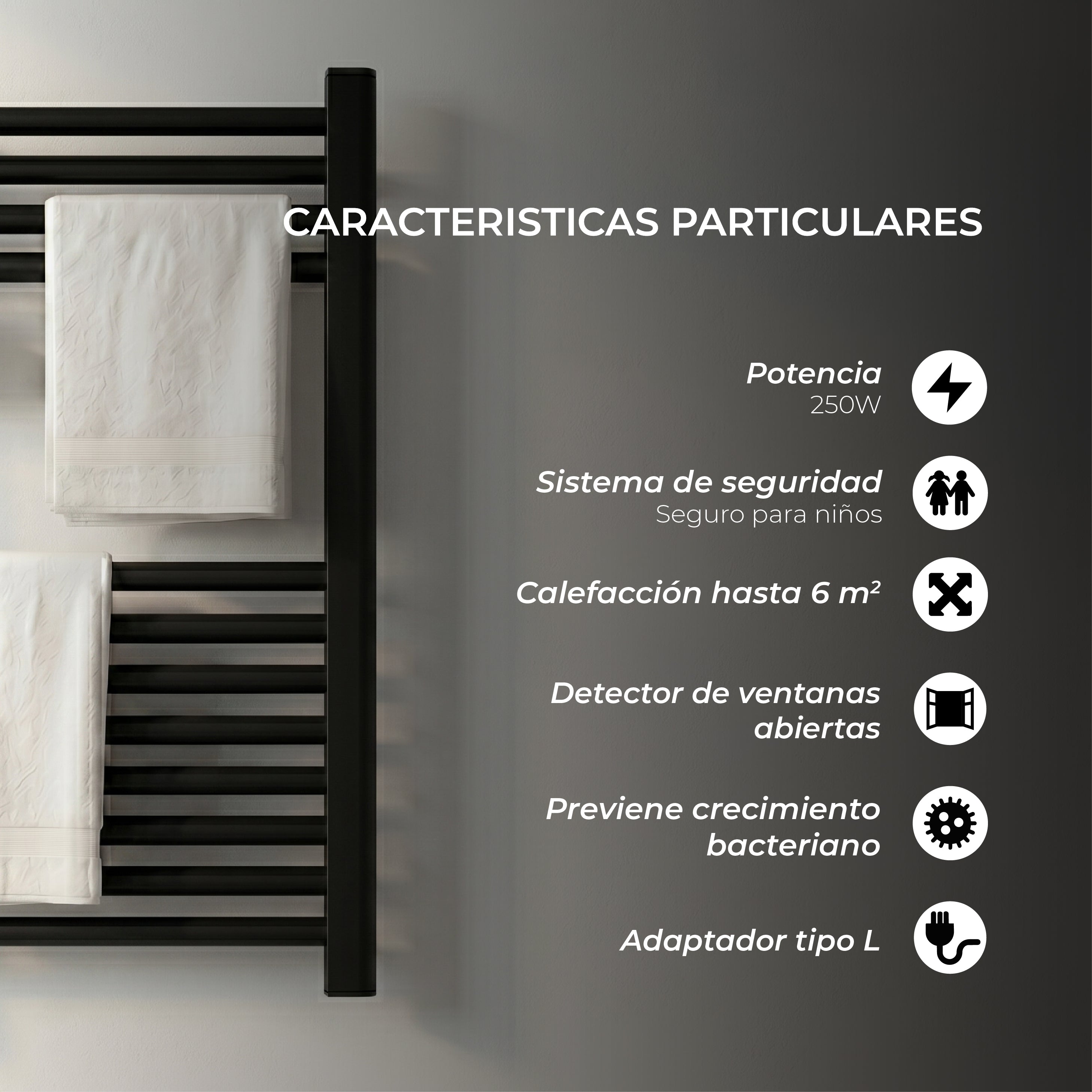 Calefactor Secador de Toalla Eléctrico para Baño 250W Mural 70cm x 40cm Siena