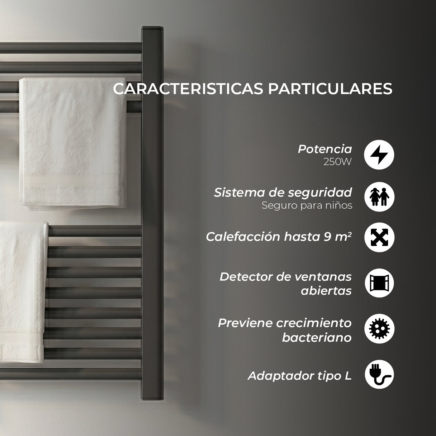 Calefactor Secador de Toalla Eléctrico para Baño 250W Mural 70cm x 40cm Siena