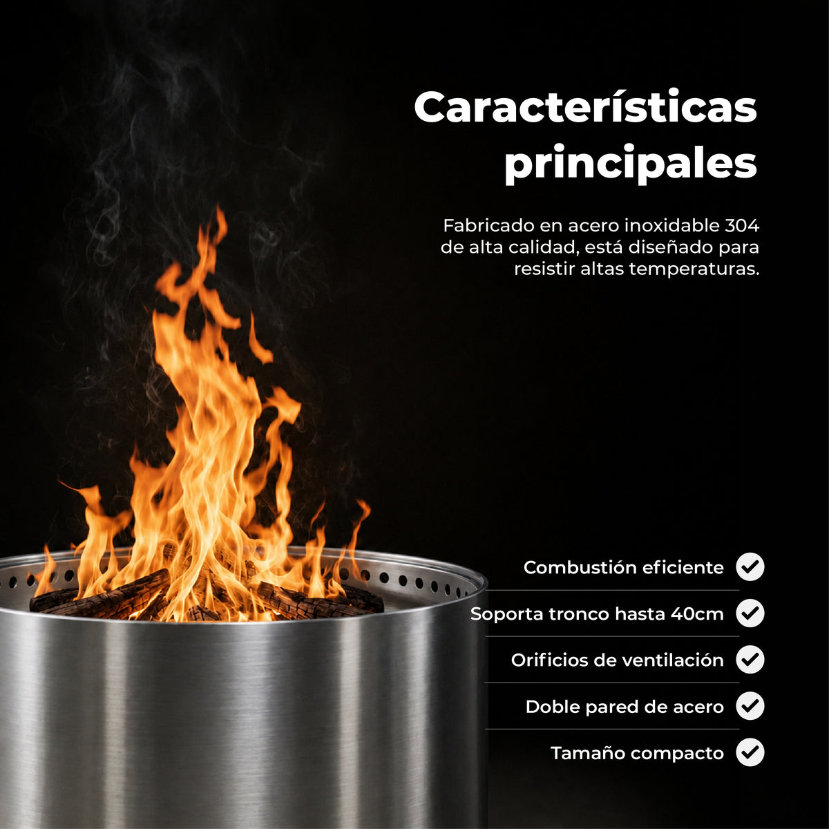 Fogón Brasero Terraza sin Humo Brann – Acero Inoxidable 304 + Accesorios 38 cm