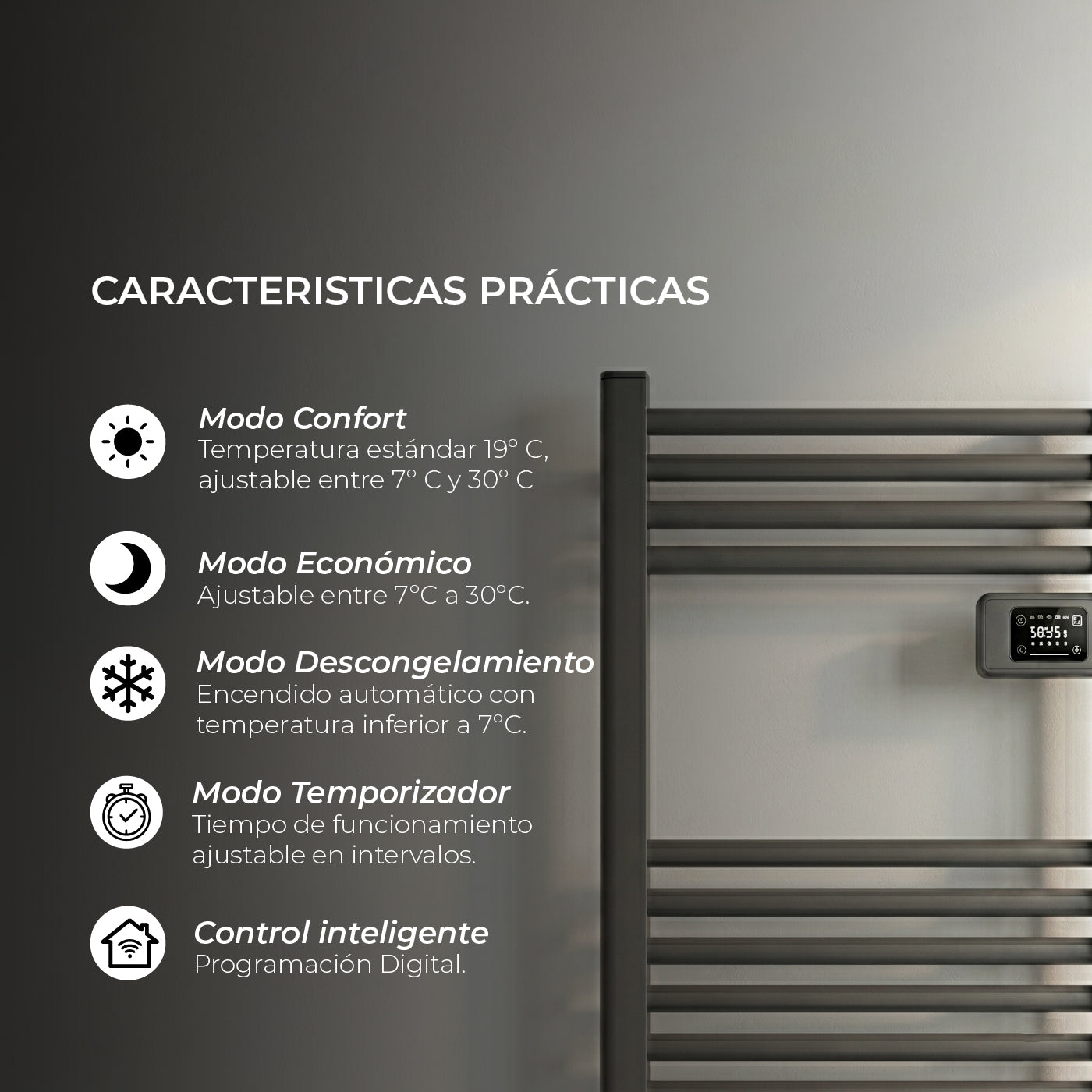 Calefactor Secador de Toalla Eléctrico para Baño 250W Mural 70cm x 40cm Siena