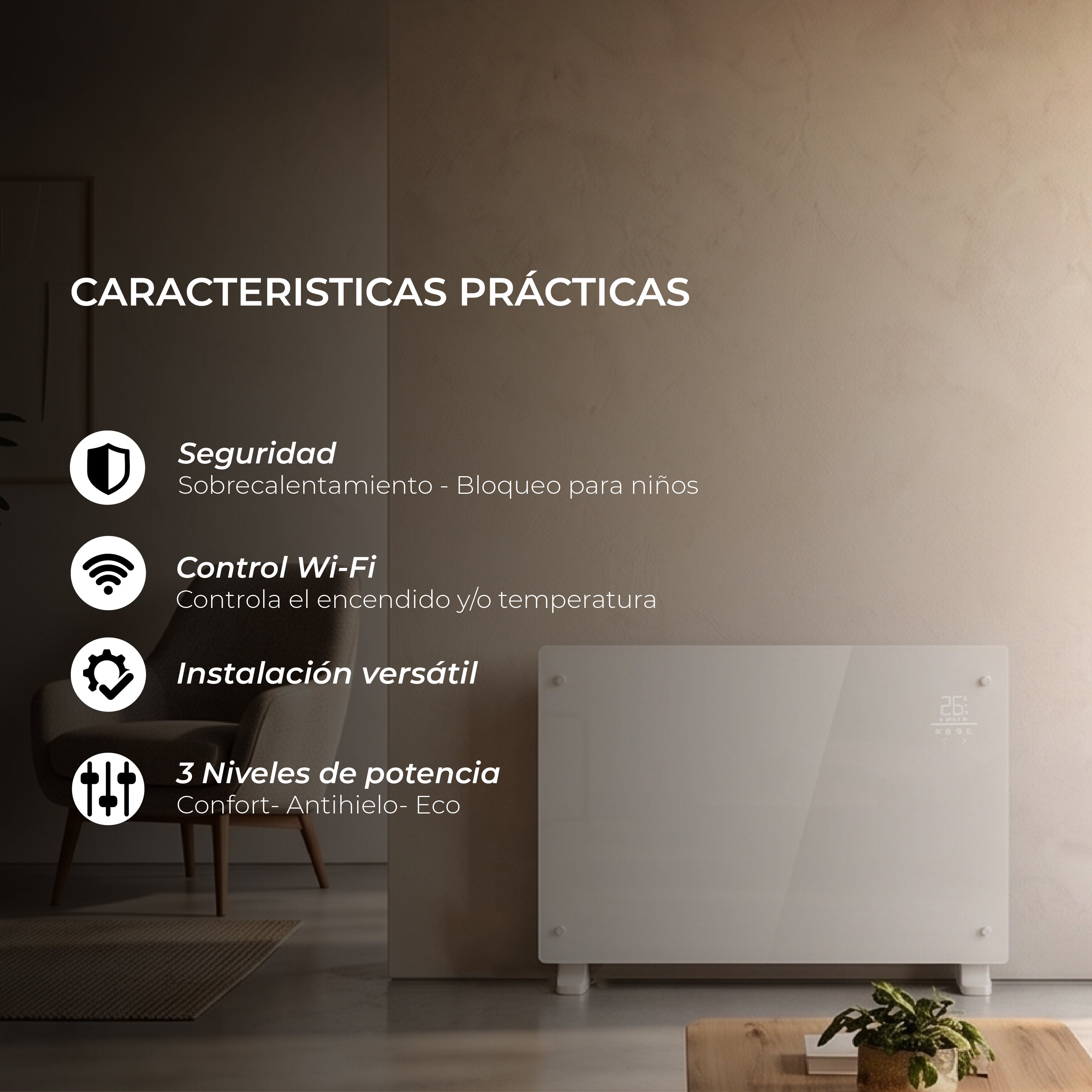 Estufa Calefactor Panel Radiador Eléctrico HeatGlass Blanco 2000W