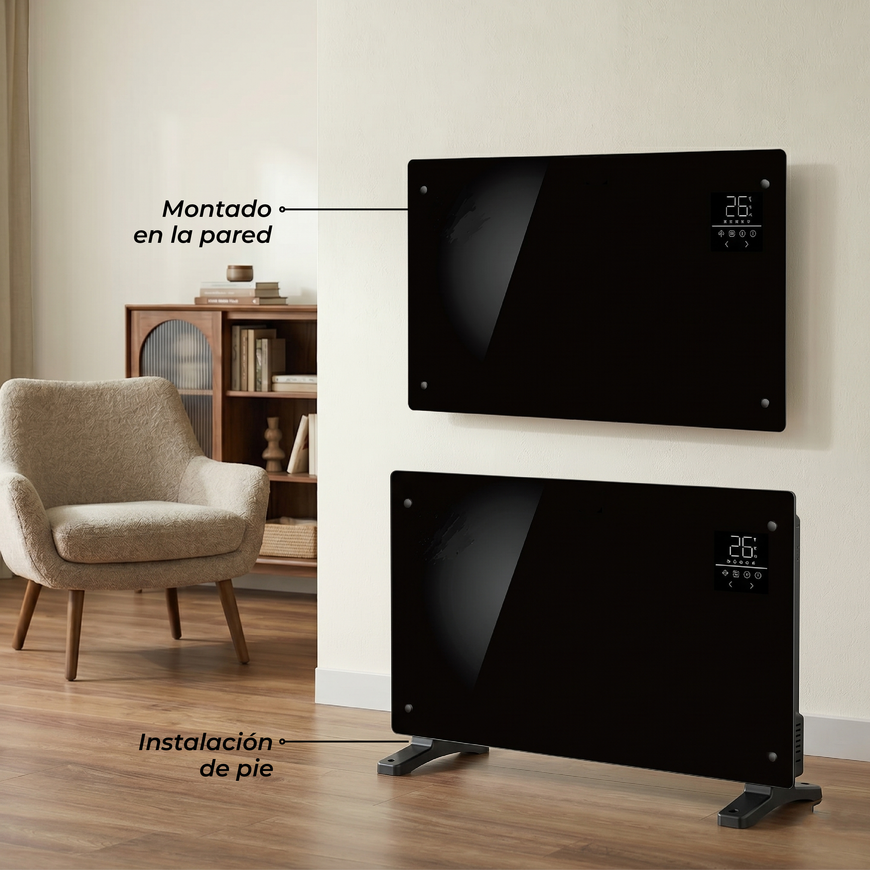 Pack x2 Estufas Paneles Radiadores Eléctricos Heatglass Negro 2000W