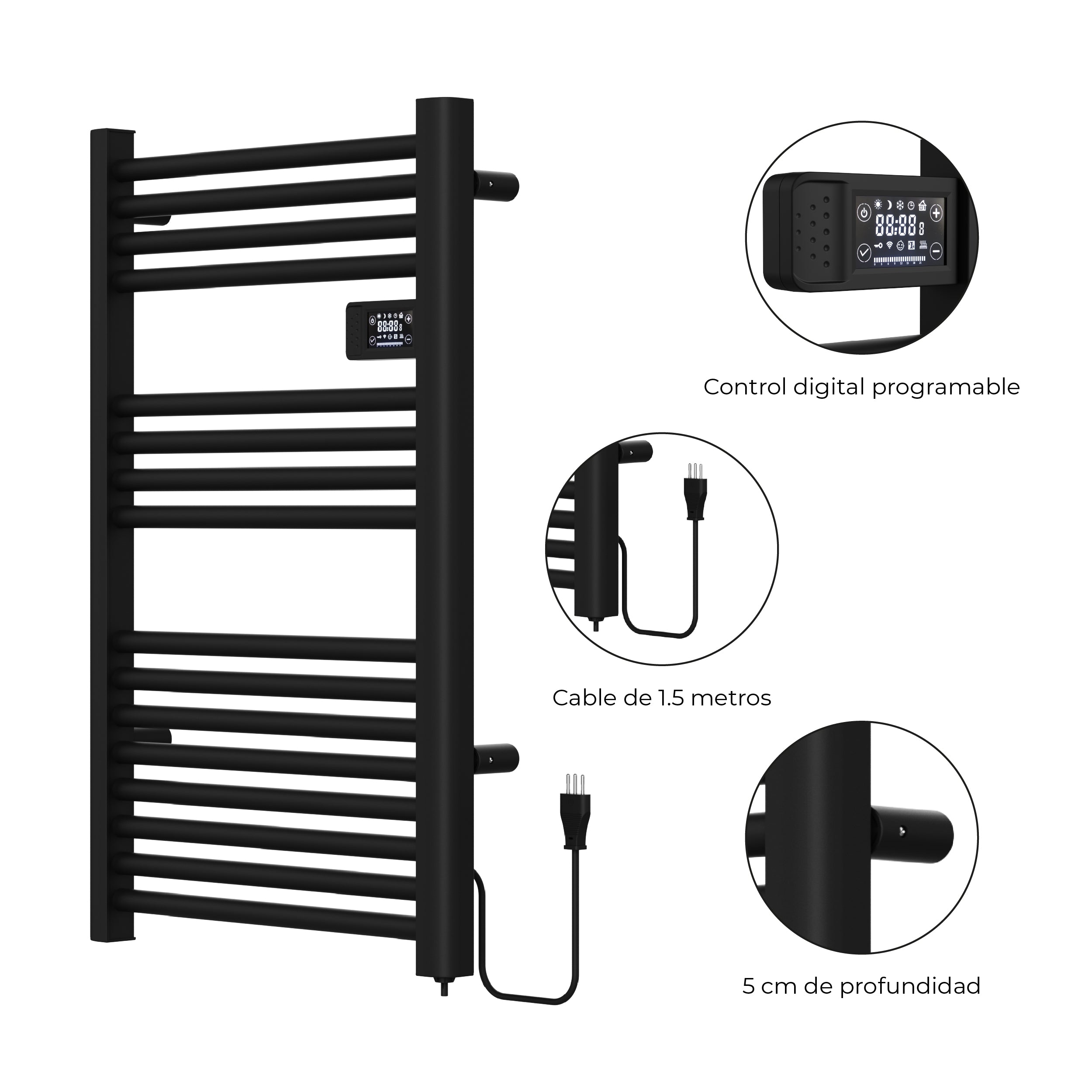 Calefactor Secador de Toallas WIFI Programable 500W Mural 88x54 cm Viglio Negro