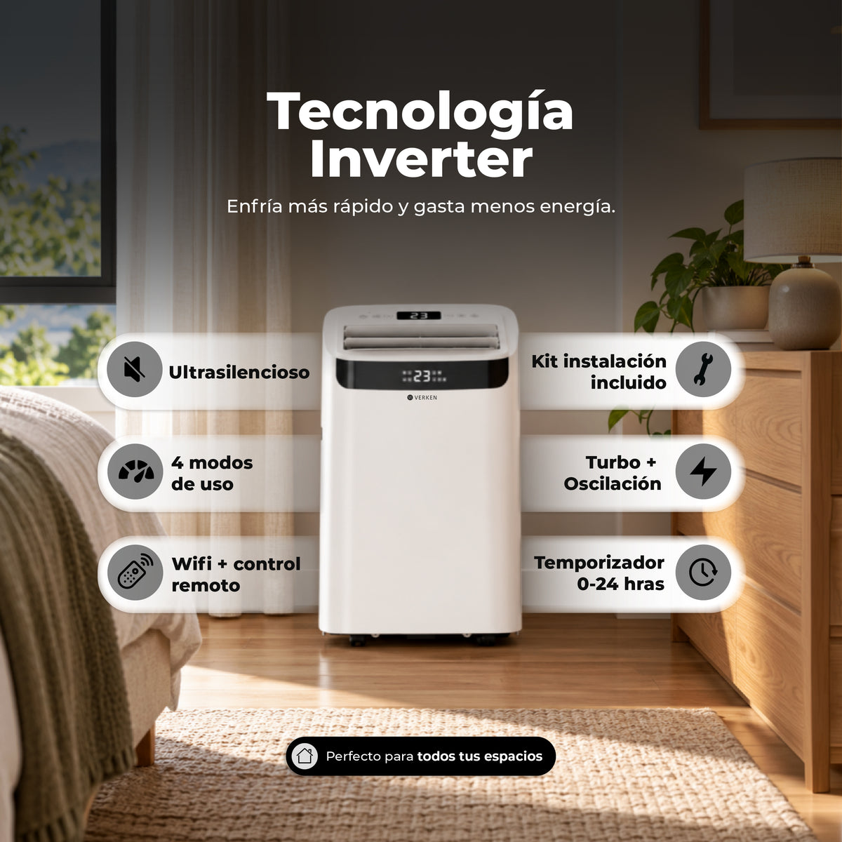 Aire Acondicionado Portátil Inverter 4 en 1 - 14.000 BTU Frío Calor Wifi Aspen (hasta 35 m²) + Kit Ventana Corrediza 1,76 mt