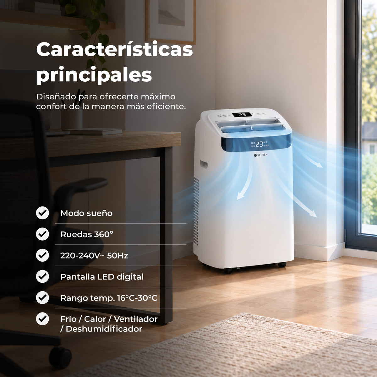 Aire Acondicionado Portátil Inverter 4 en 1 - 14.000 BTU Frío Calor Wifi Aspen (hasta 35 m²) + Kit Ventana Corrediza 1,76 mt