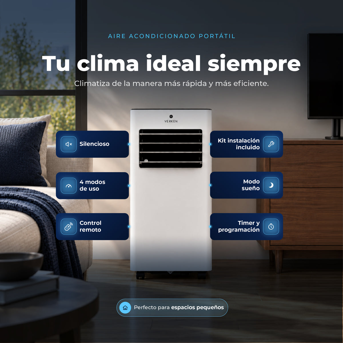 Aire Acondicionado Portátil Calefactor 4 en 1 - 9.000 BTU Frio / Calor Zermatt + Kit Ventana Corrediza 1,76 mt