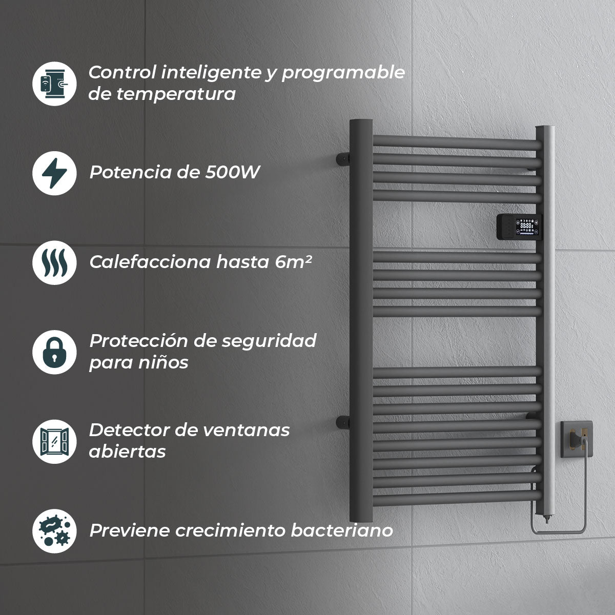 Calefactor Secador de Toallas Eléctrico para Baño Programable 500 w Mural 88x54 cm Vesubio Gris Grafito