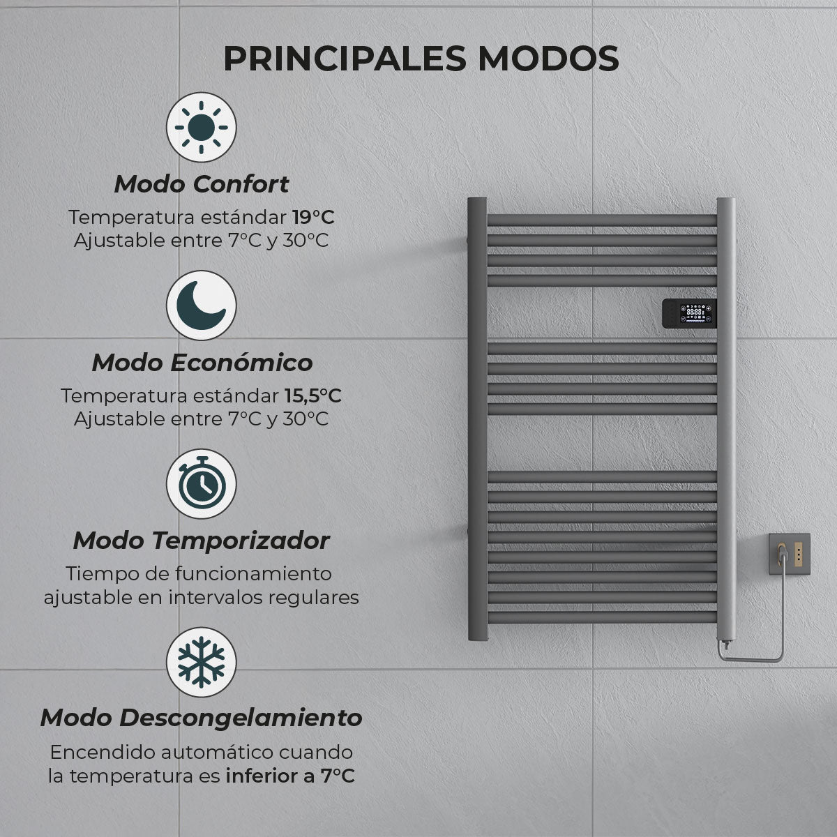 Calefactor Secador de Toallas Eléctrico para Baño Programable 500 w Mural 88x54 cm Vesubio Gris Grafito