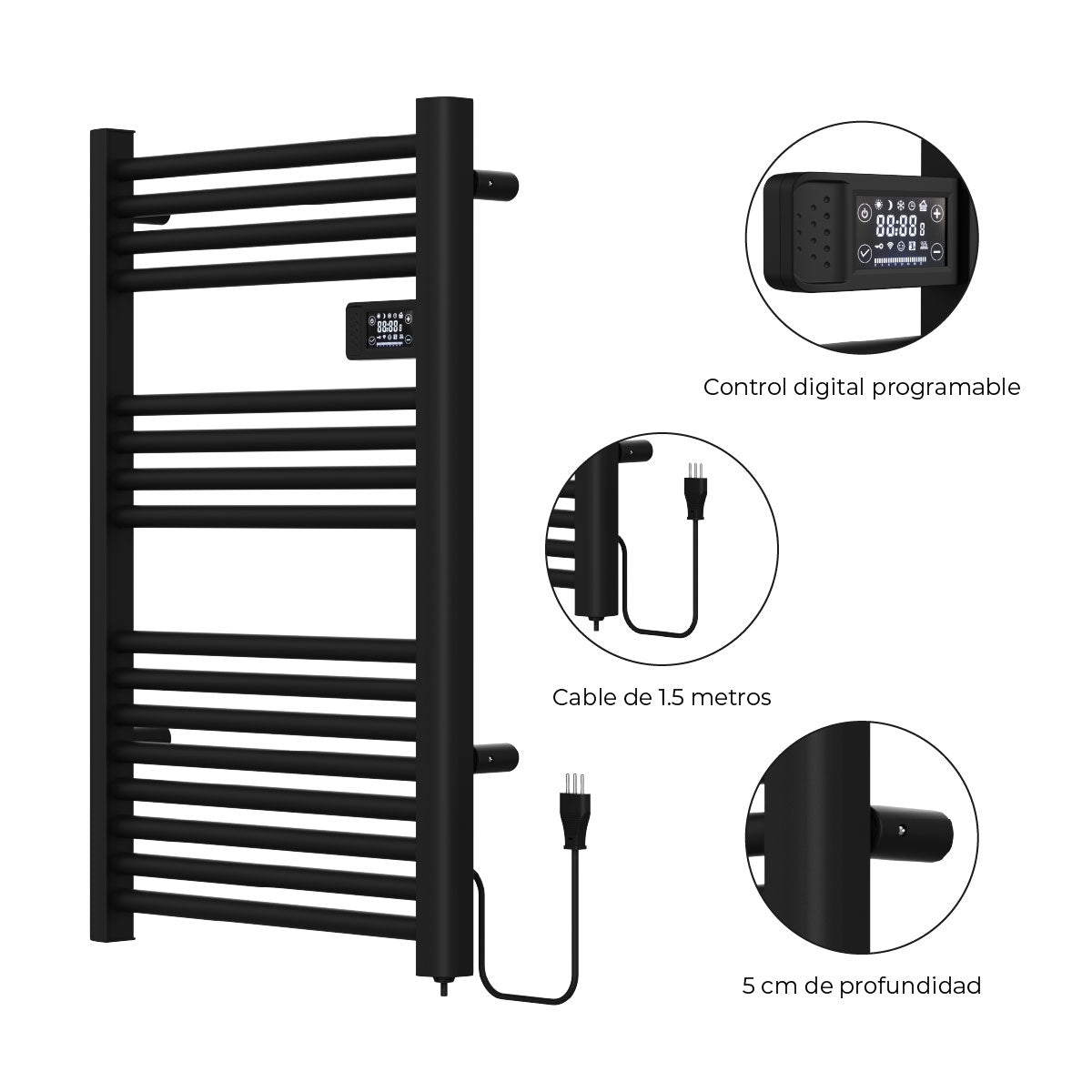 Calefactor Secador de Toallas Eléctrico para Baño Programable 500 w Mural 88x54 cm Vesubio Negro
