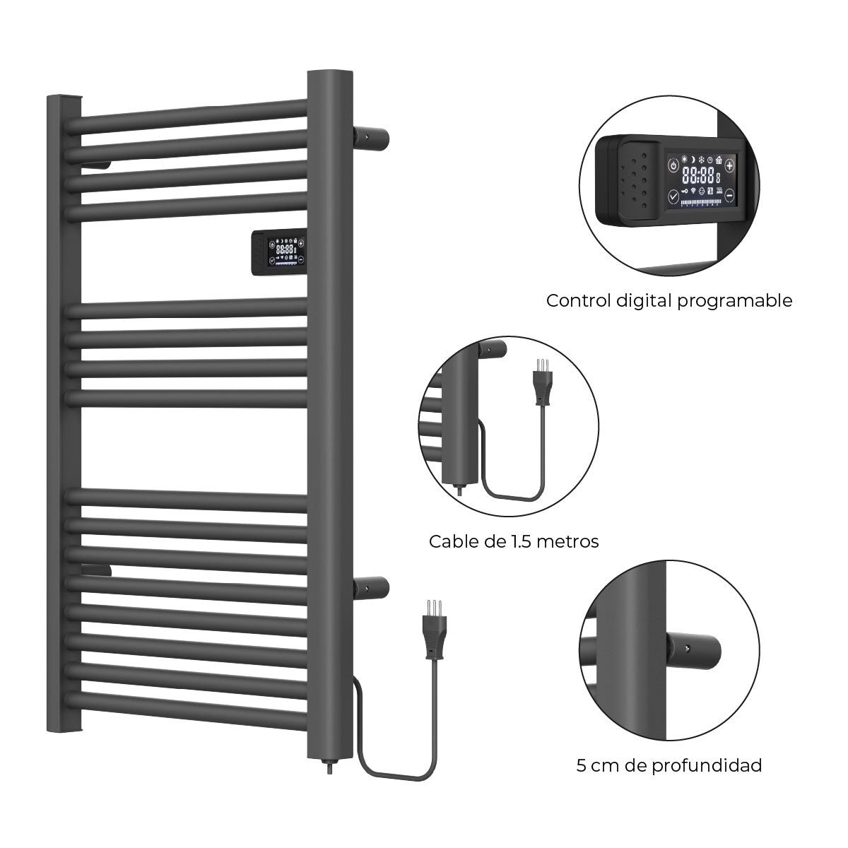 Calefactor Secador de Toallas Eléctrico para Baño Programable 500 w Mural 88x54 cm Vesubio Gris Grafito