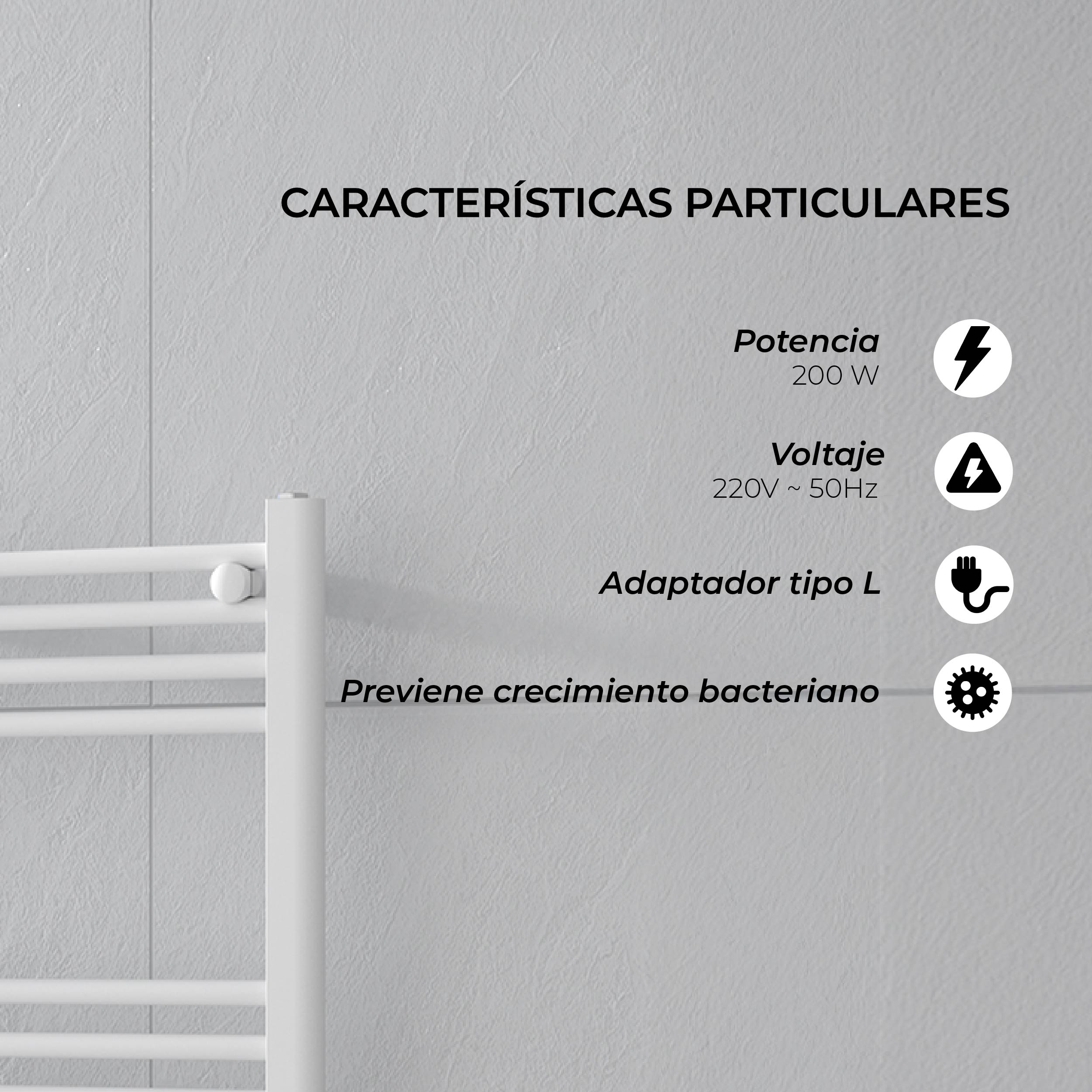 Calefactor Secador de Toallas Eléctrico para Baño 200W Mural 60x50 cm Lipari Blanco