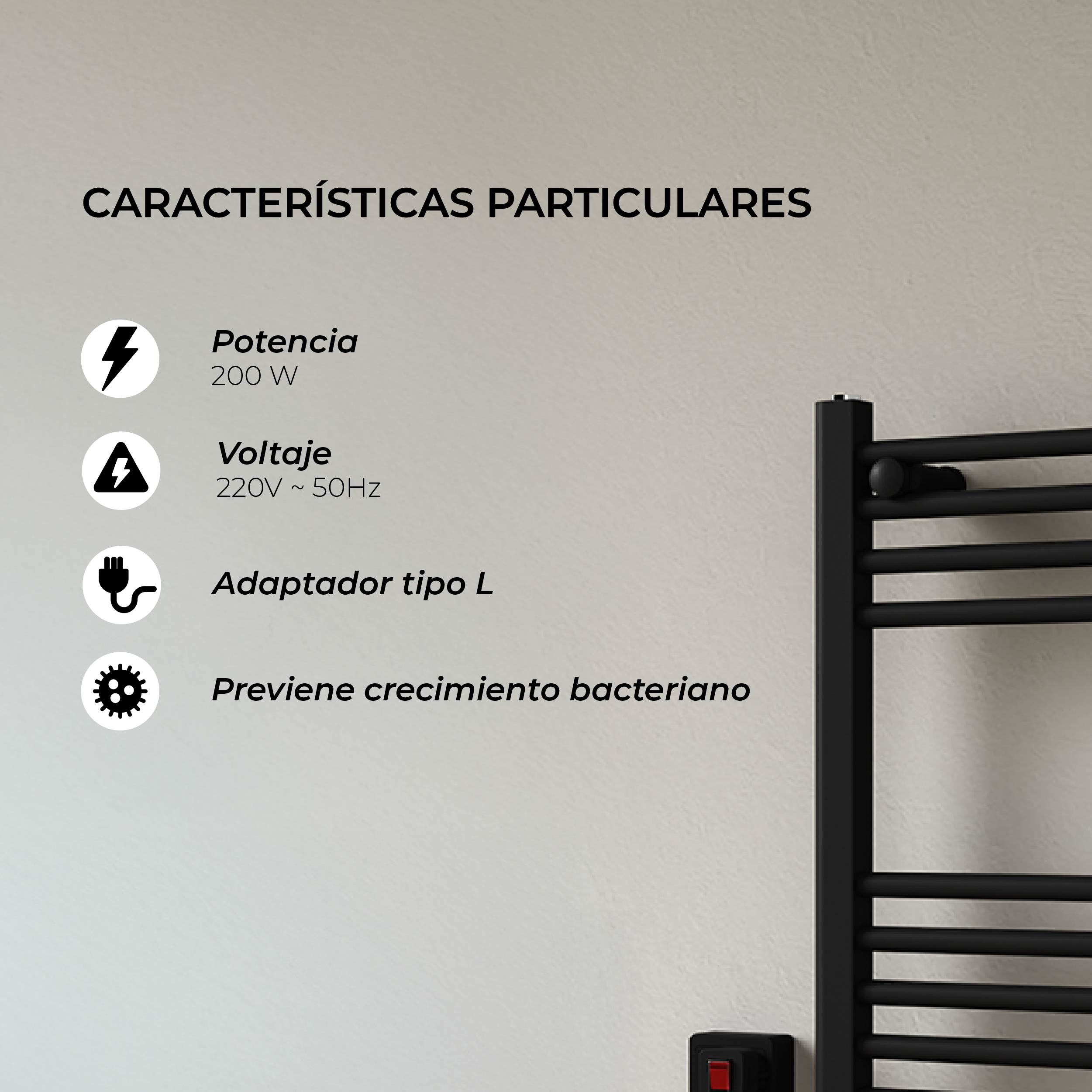 Calefactor Secador de Toallas Eléctrico para Baño 200W Mural 60x50 cm Lipari Negro