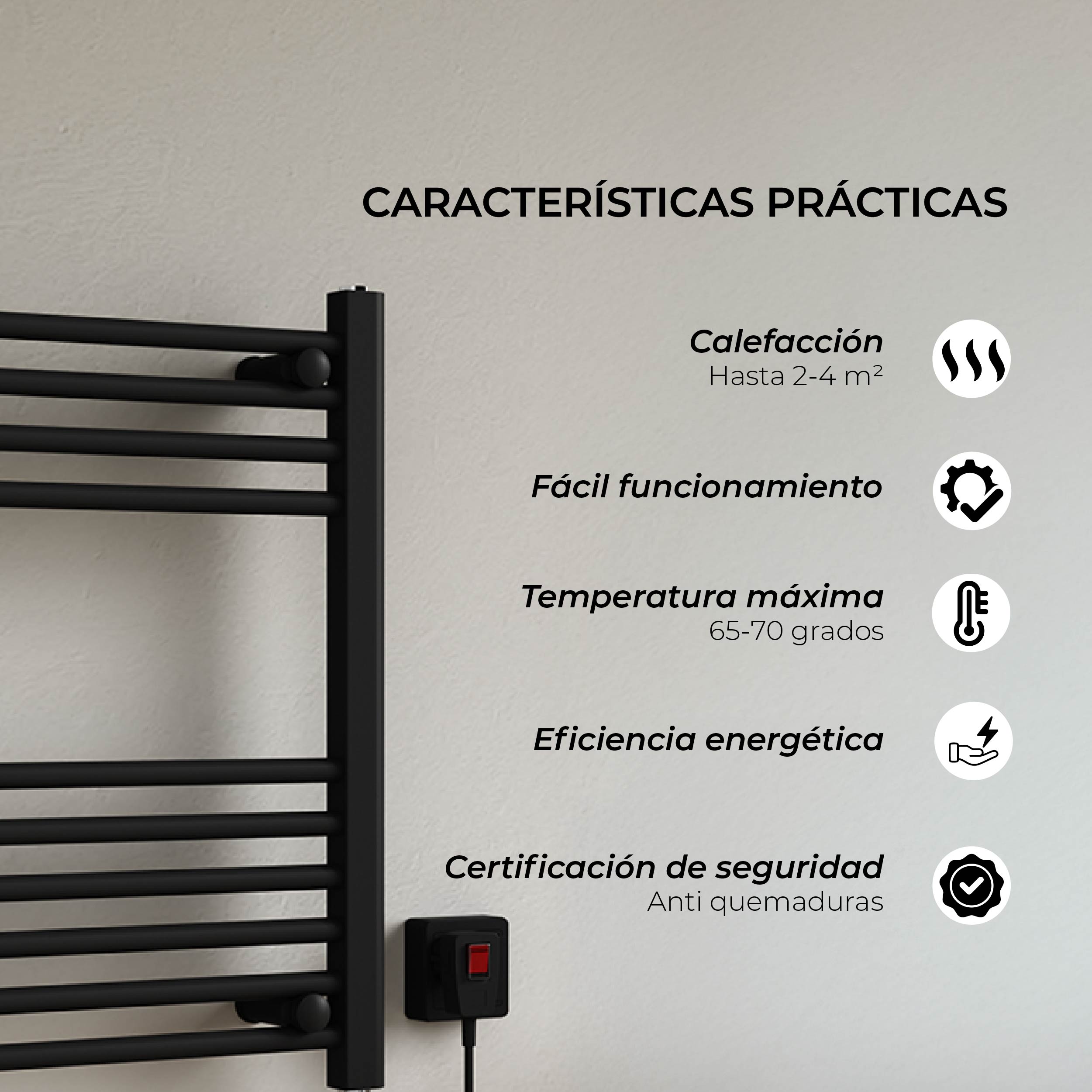 Calefactor Secador de Toallas Eléctrico para Baño 200W Mural 60x50 cm Lipari Negro