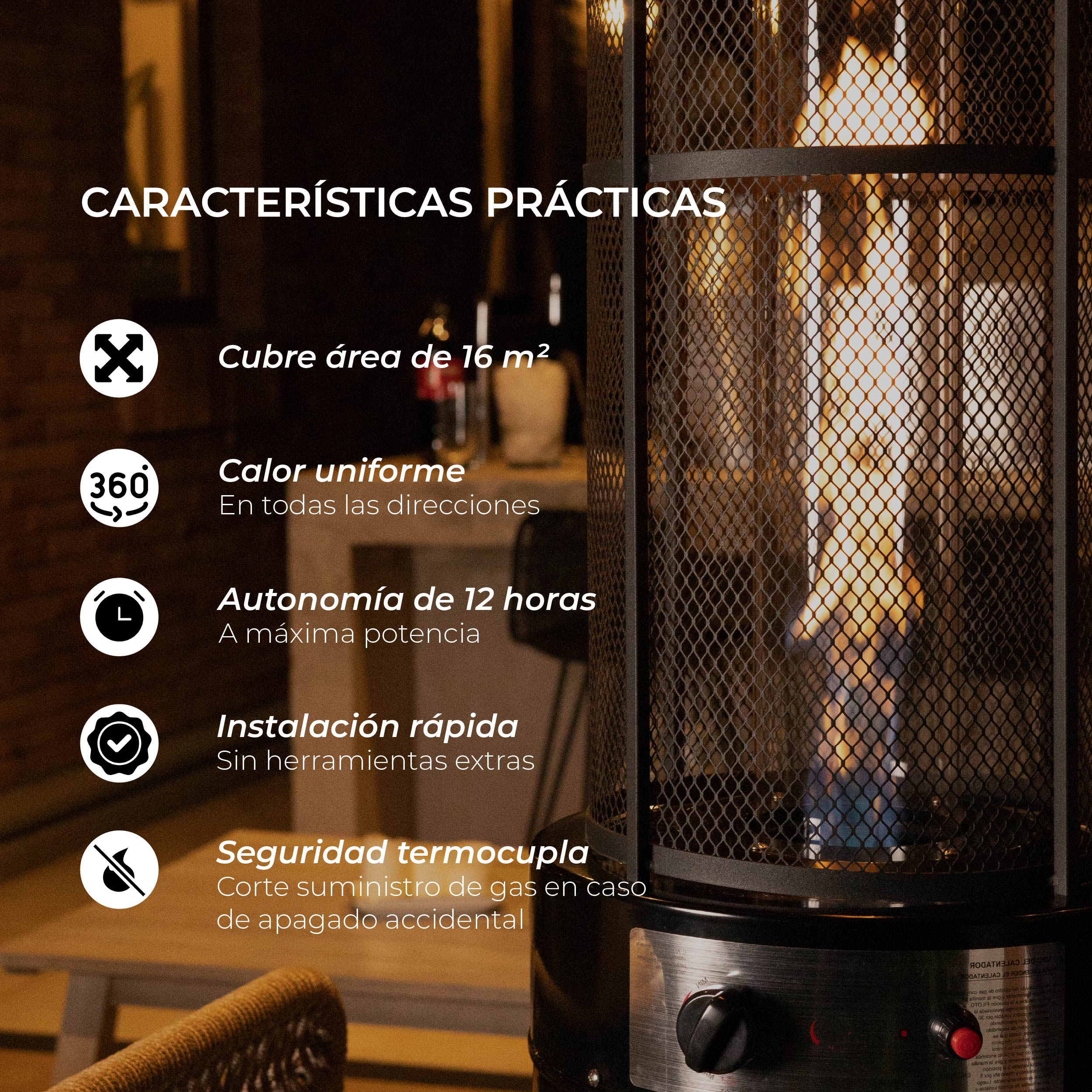 Estufa Exterior Gas Krom - Mate | Calefactor Gas para Terrazas y Patios
