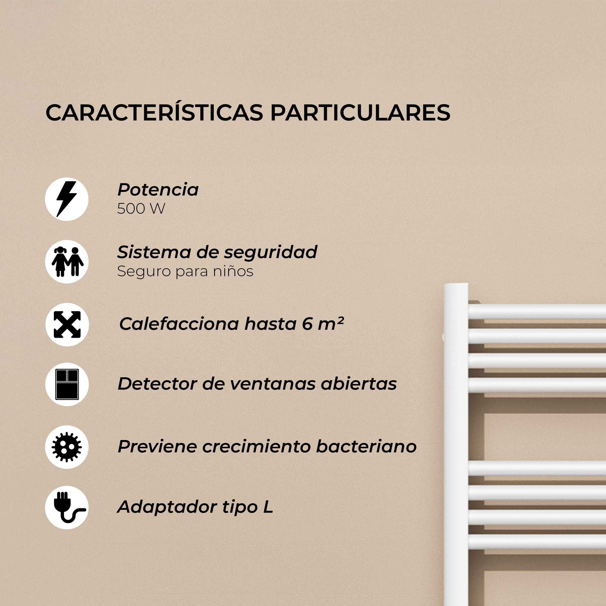 Calefactor Secador de Toallas Eléctrico para Baño Programable 500 w Mural 88x54 cm Vesubio Blanco
