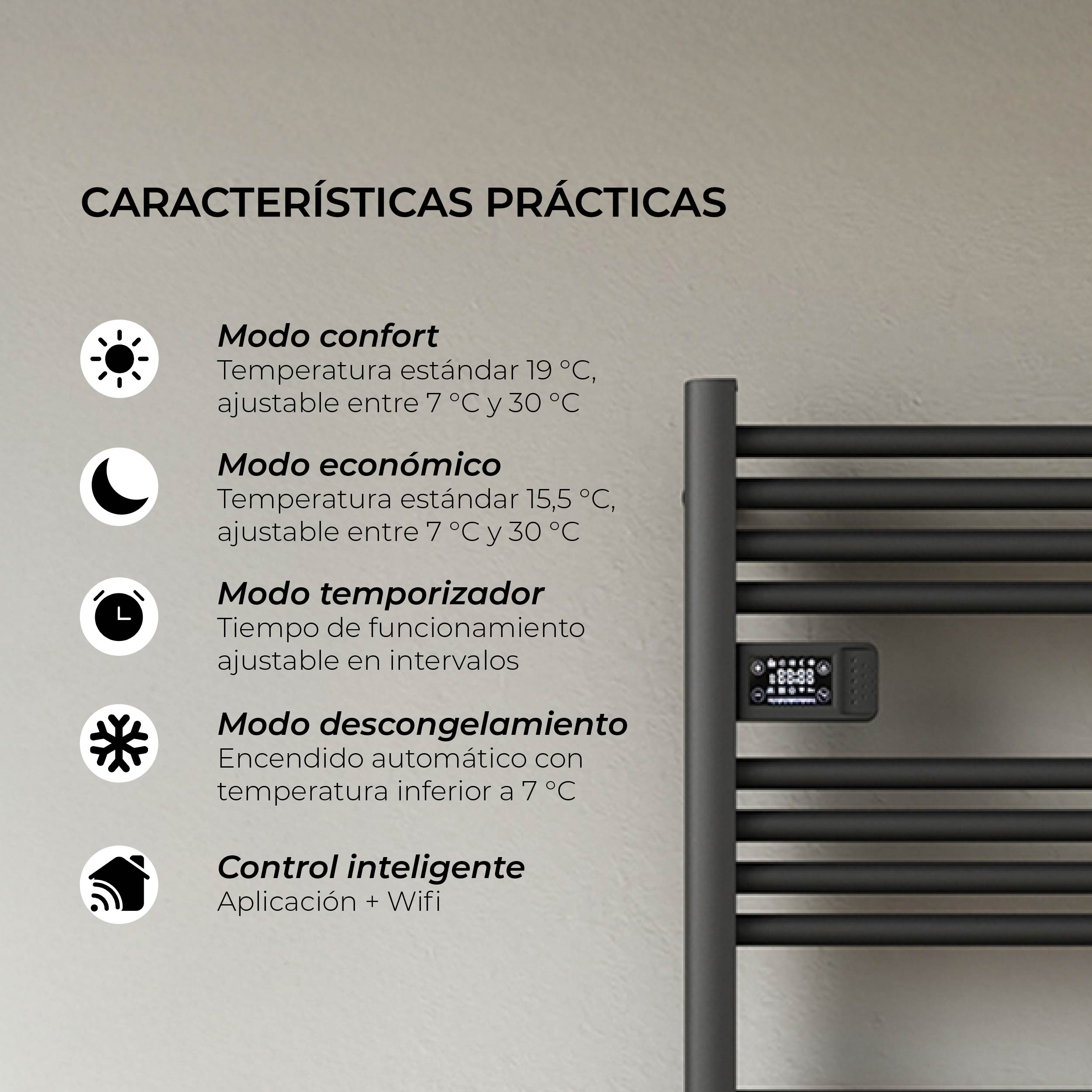 Calefactor Secador de Toallas WIFI Programable 500W Mural 88x54 cm Viglio Negro