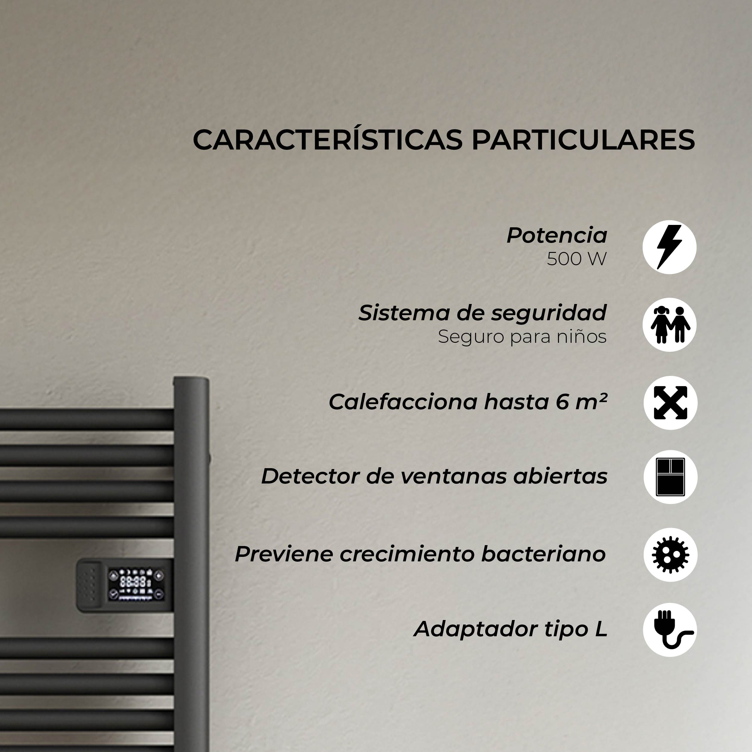 Calefactor Secador de Toallas Eléctrico para Baño Programable 500 w Mural 88x54 cm Vesubio Negro