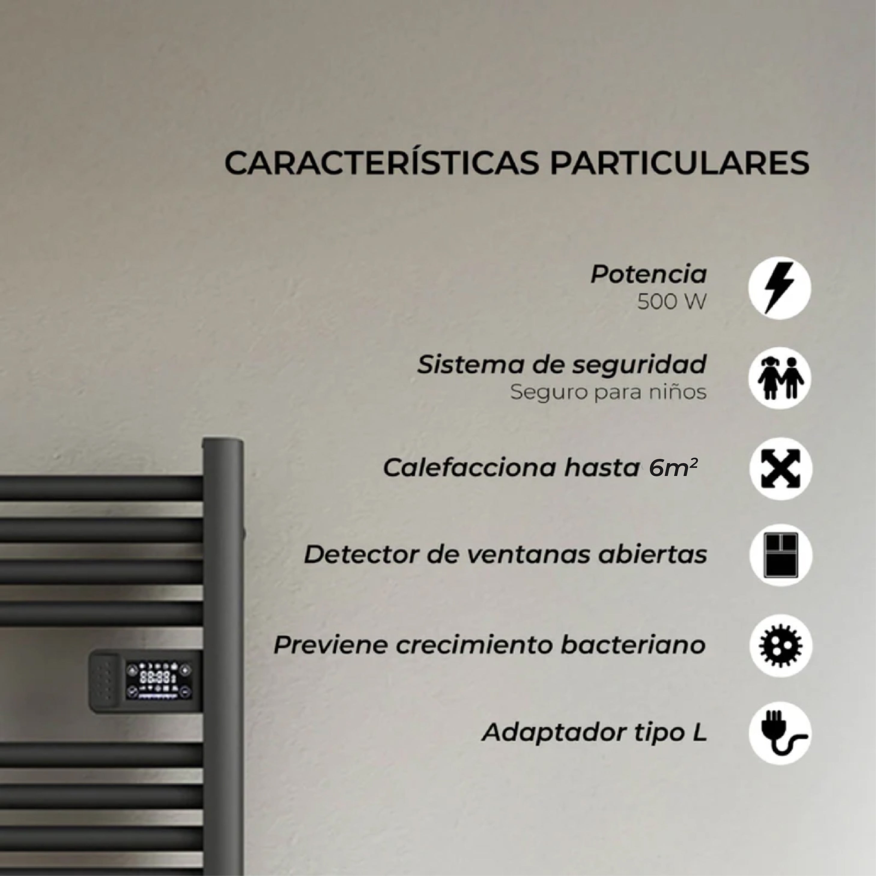 Calefactor Secador de Toallas Eléctrico para Baño Programable 500 w Mural 88x54 cm Vesubio