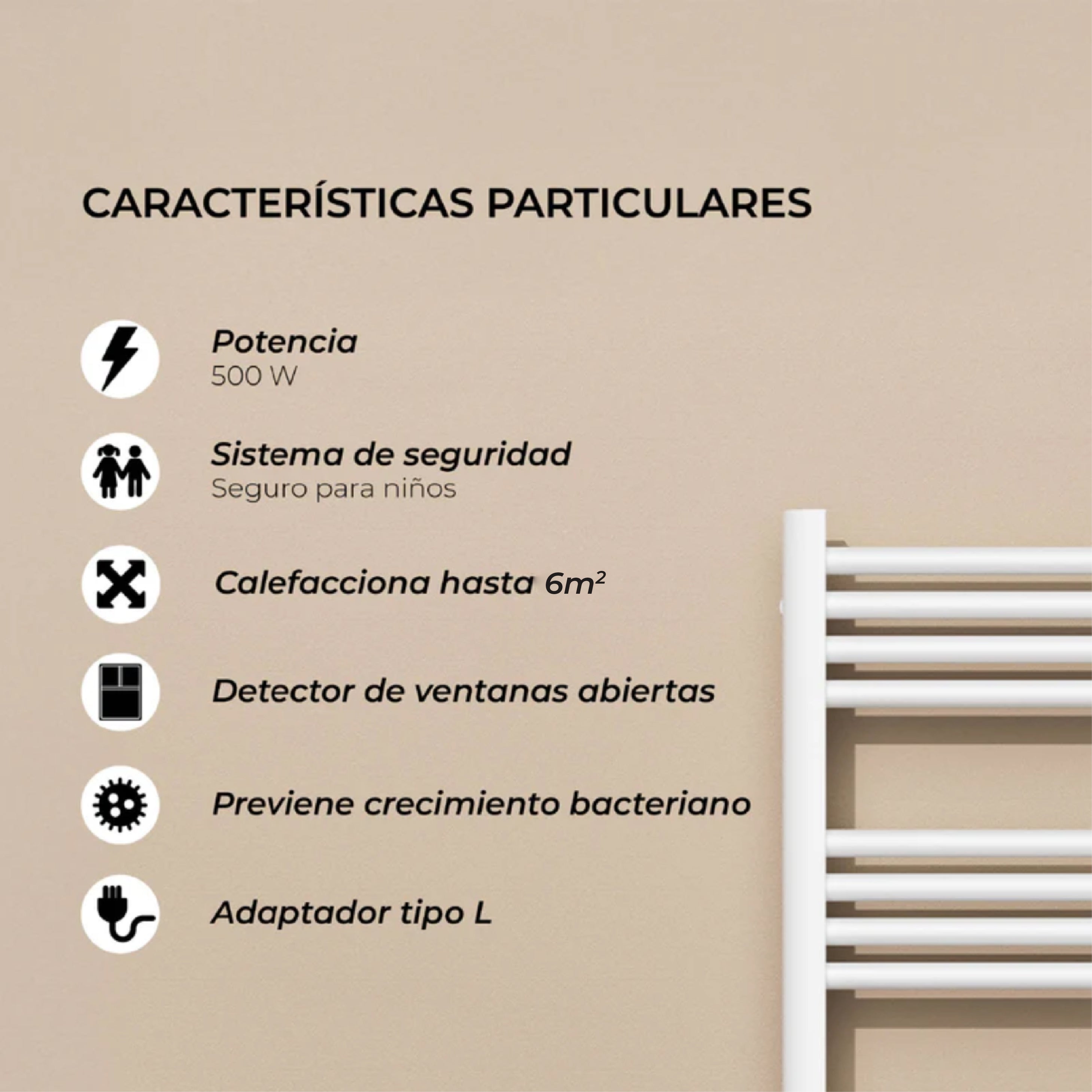 Calefactor Secador de Toallas Eléctrico para Baño Programable 500 w Mural 88x54 cm Vesubio