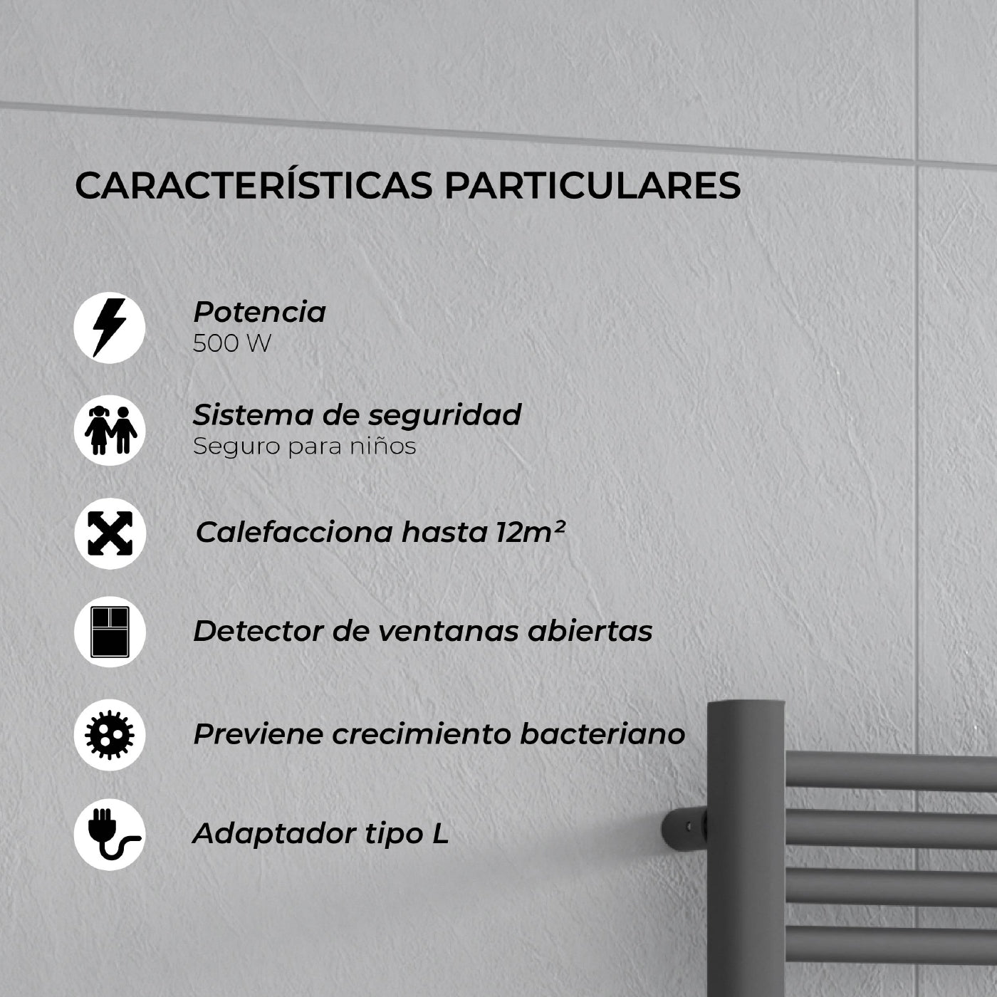 Calefactor Secador de Toallas Eléctrico para Baño Programable 500 w Mural 88x54 cm Vesubio Gris Grafito