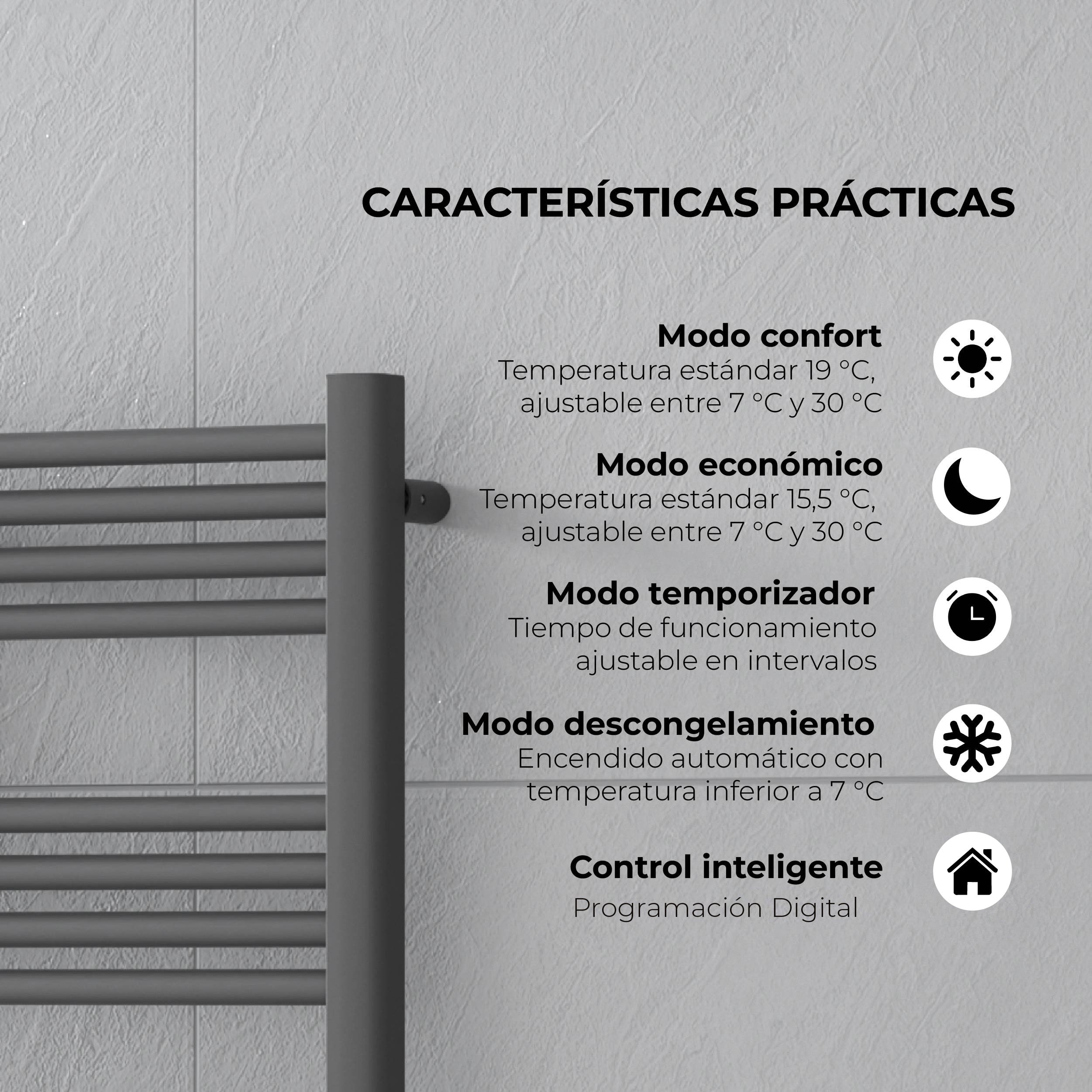 Calefactor Secador de Toallas Eléctrico para Baño Programable 500 w Mural 88x54 cm Vesubio Gris Grafito