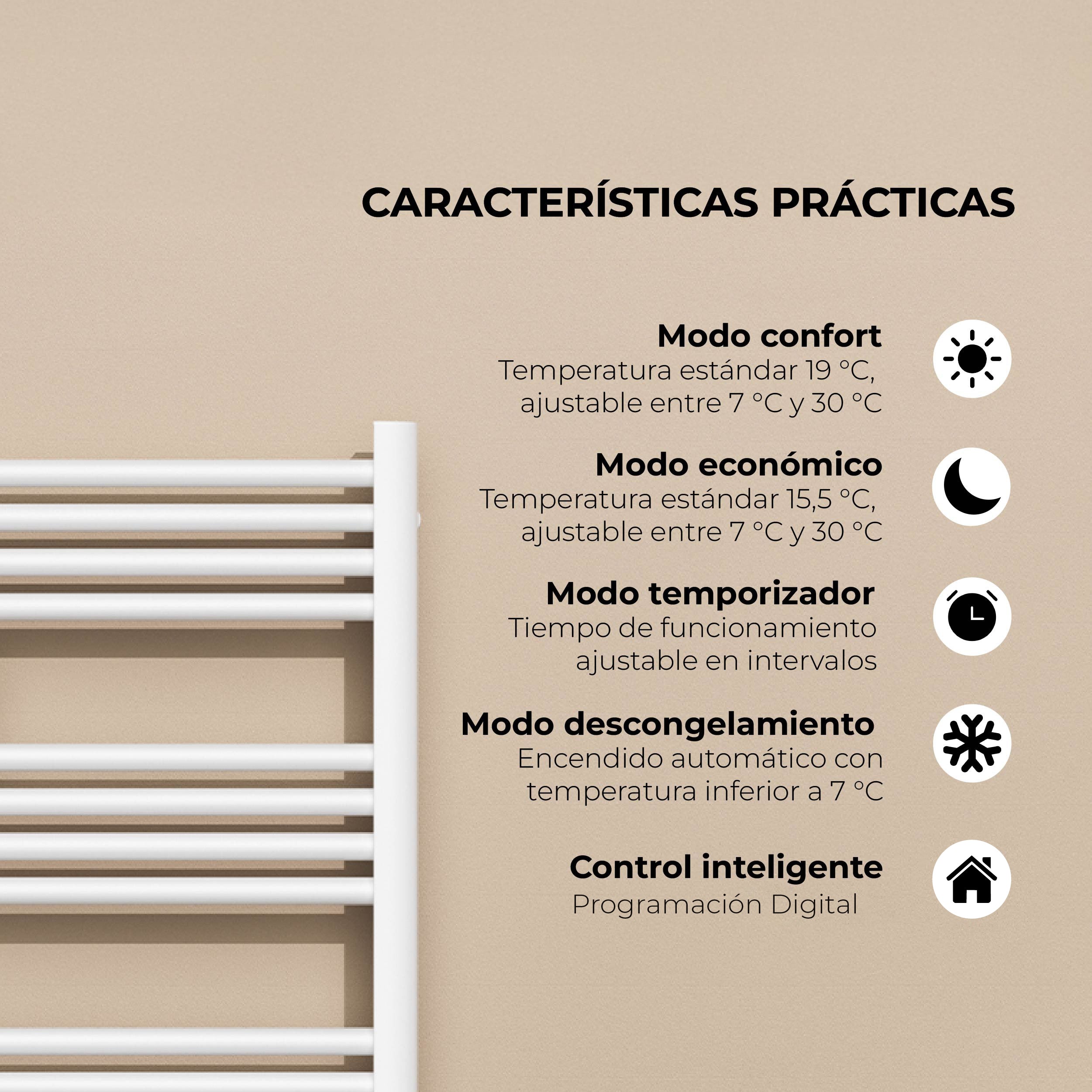 Calefactor Secador de Toallas Eléctrico para Baño Programable 500 w Mural 88x54 cm Vesubio Blanco