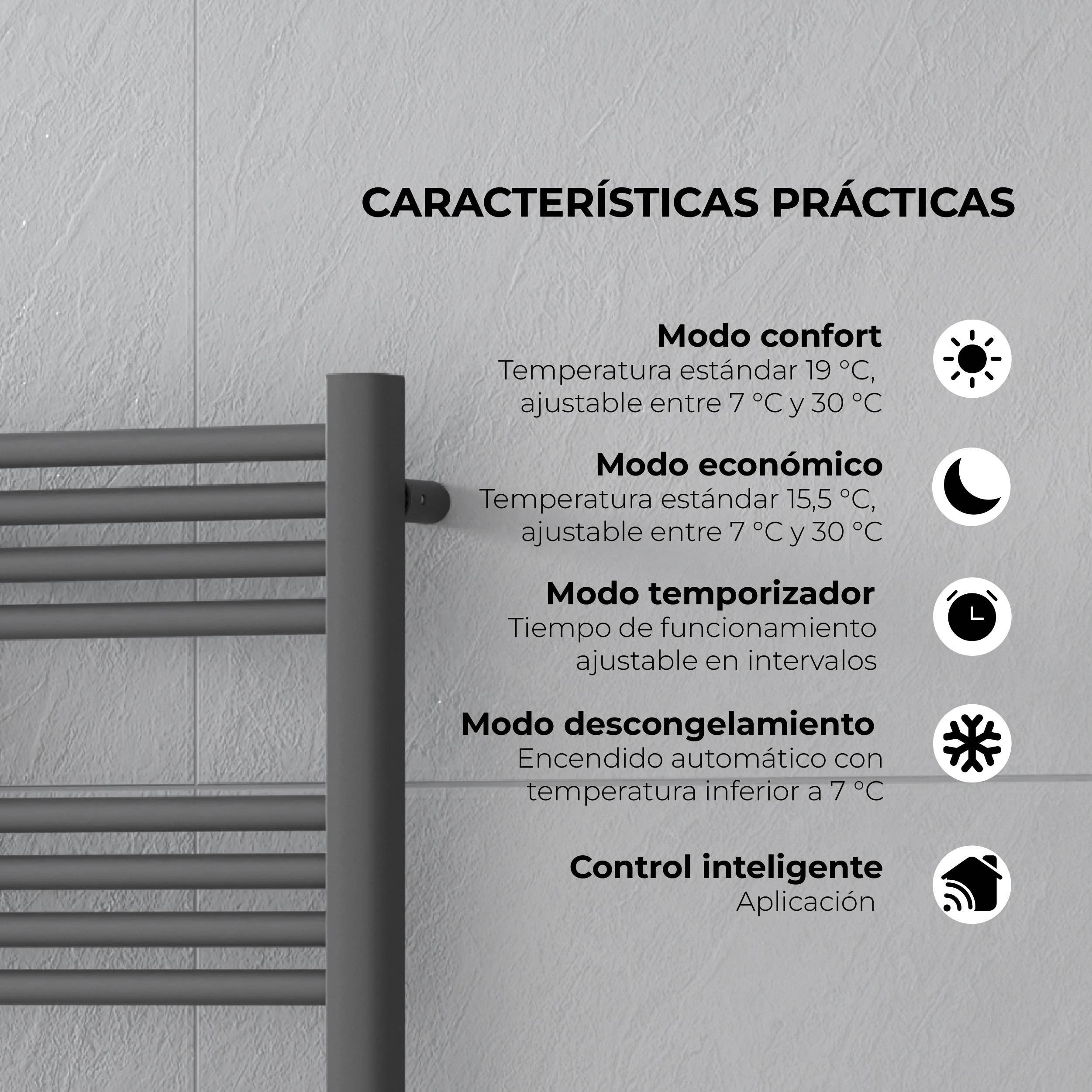 Calefactor Secador de Toallas Eléctrico para Baño Programable 500 w Mural 88x54 cm Vesubio Gris Grafito