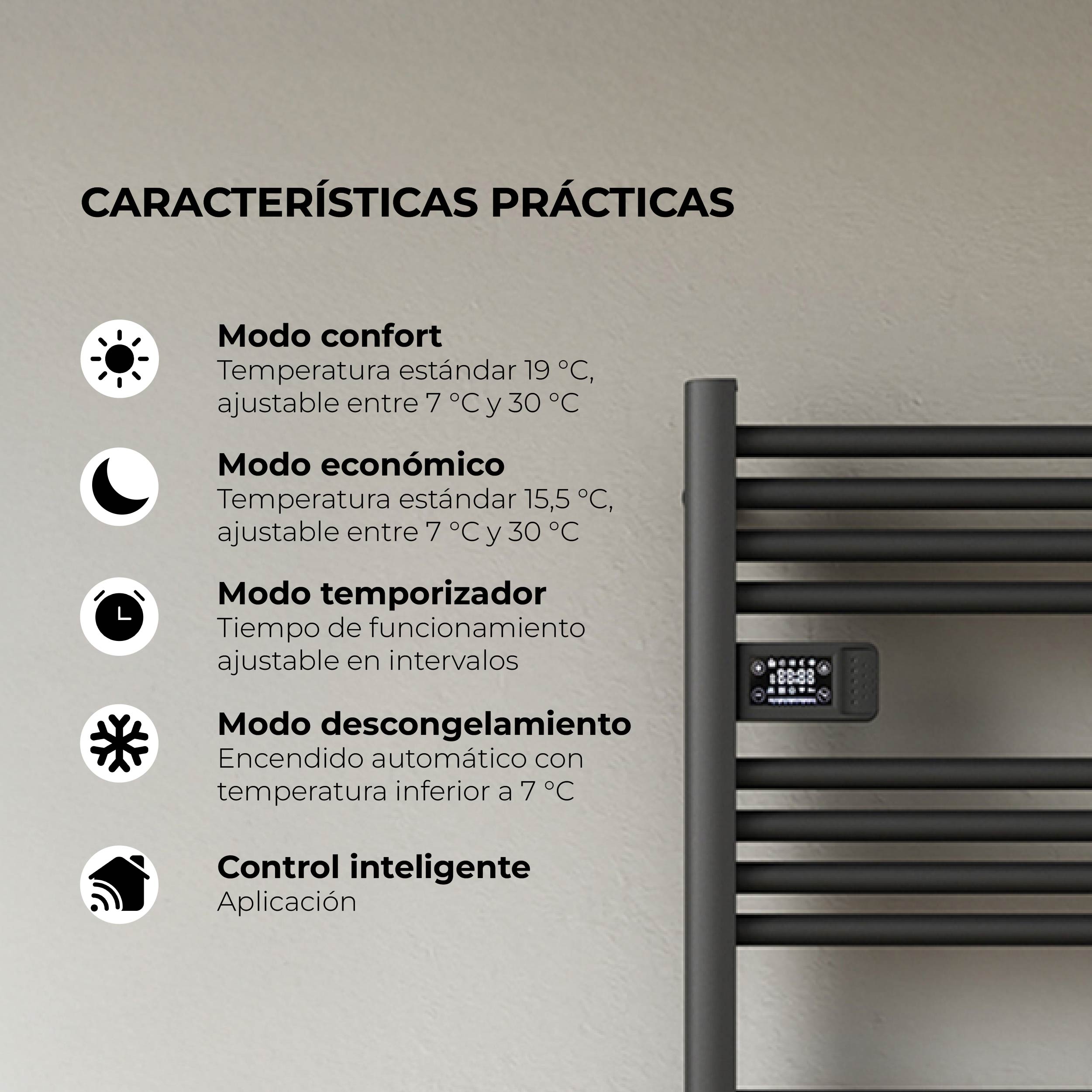 Calefactor Secador de Toallas Eléctrico para Baño Programable 500 w Mural 88x54 cm Vesubio Negro