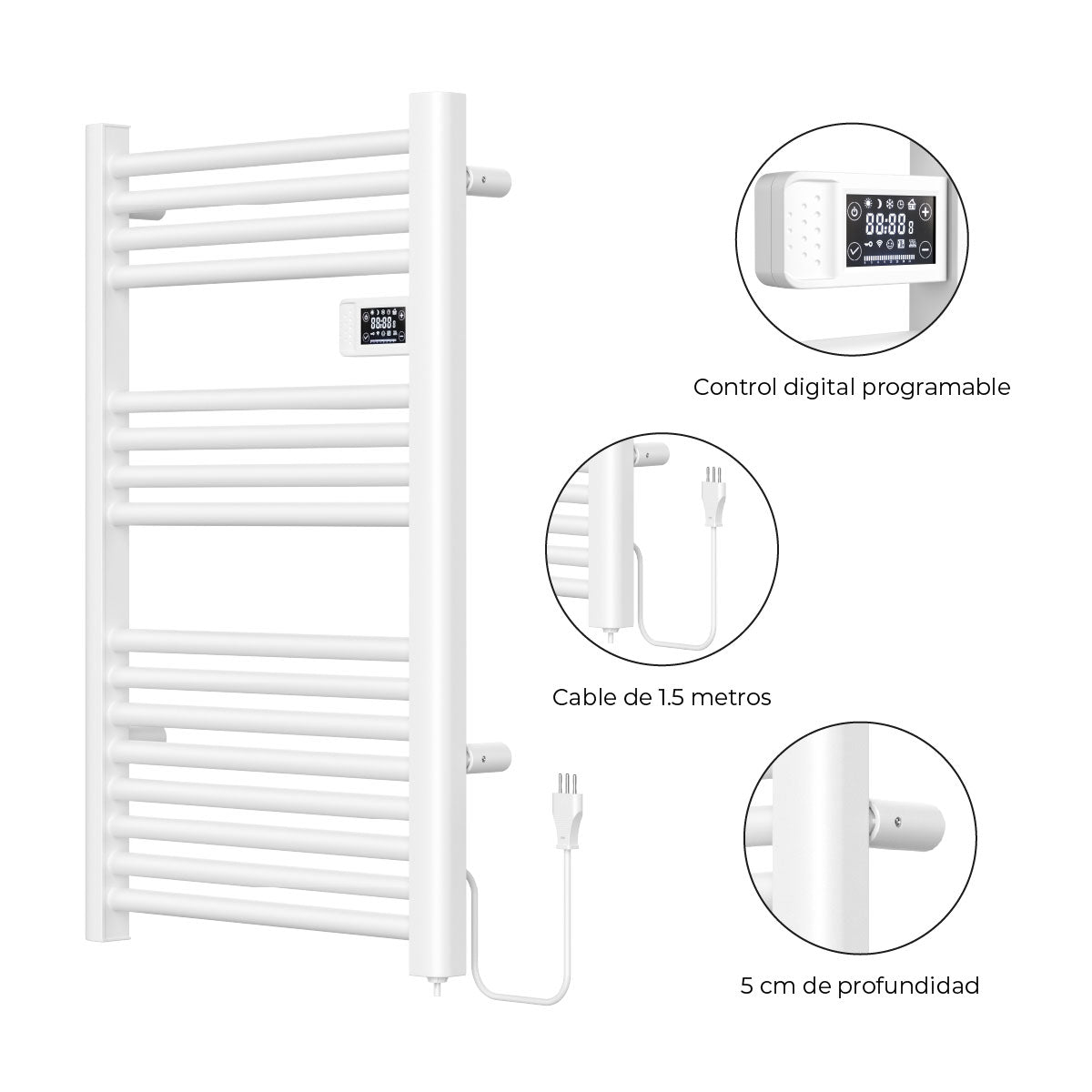 Calefactor Secador de Toallas Eléctrico para Baño Programable 500 w Mural 88x54 cm Vesubio Blanco