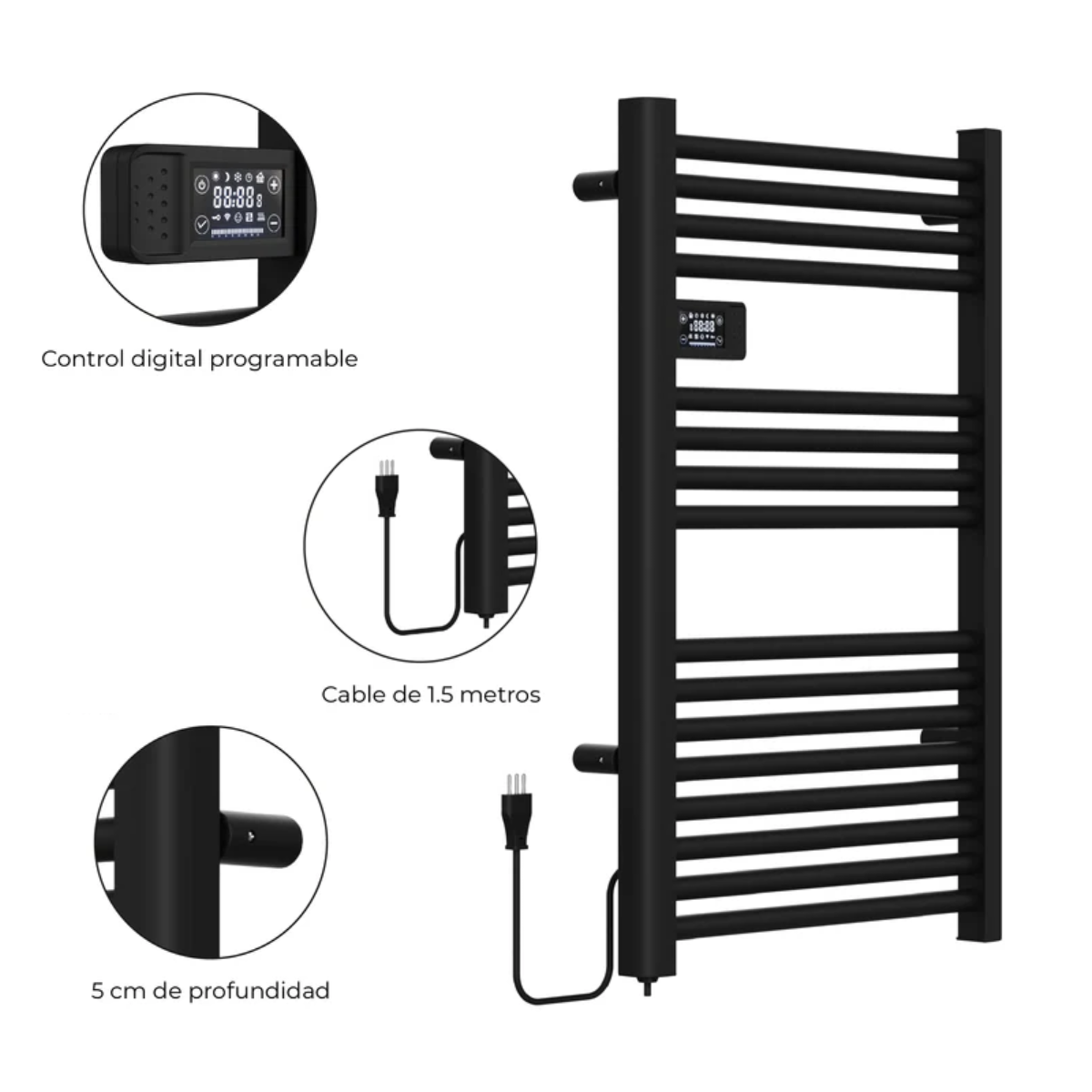 Calefactor Secador de Toallas Eléctrico para Baño Programable 500 w Mural 88x54 cm Vesubio Negro