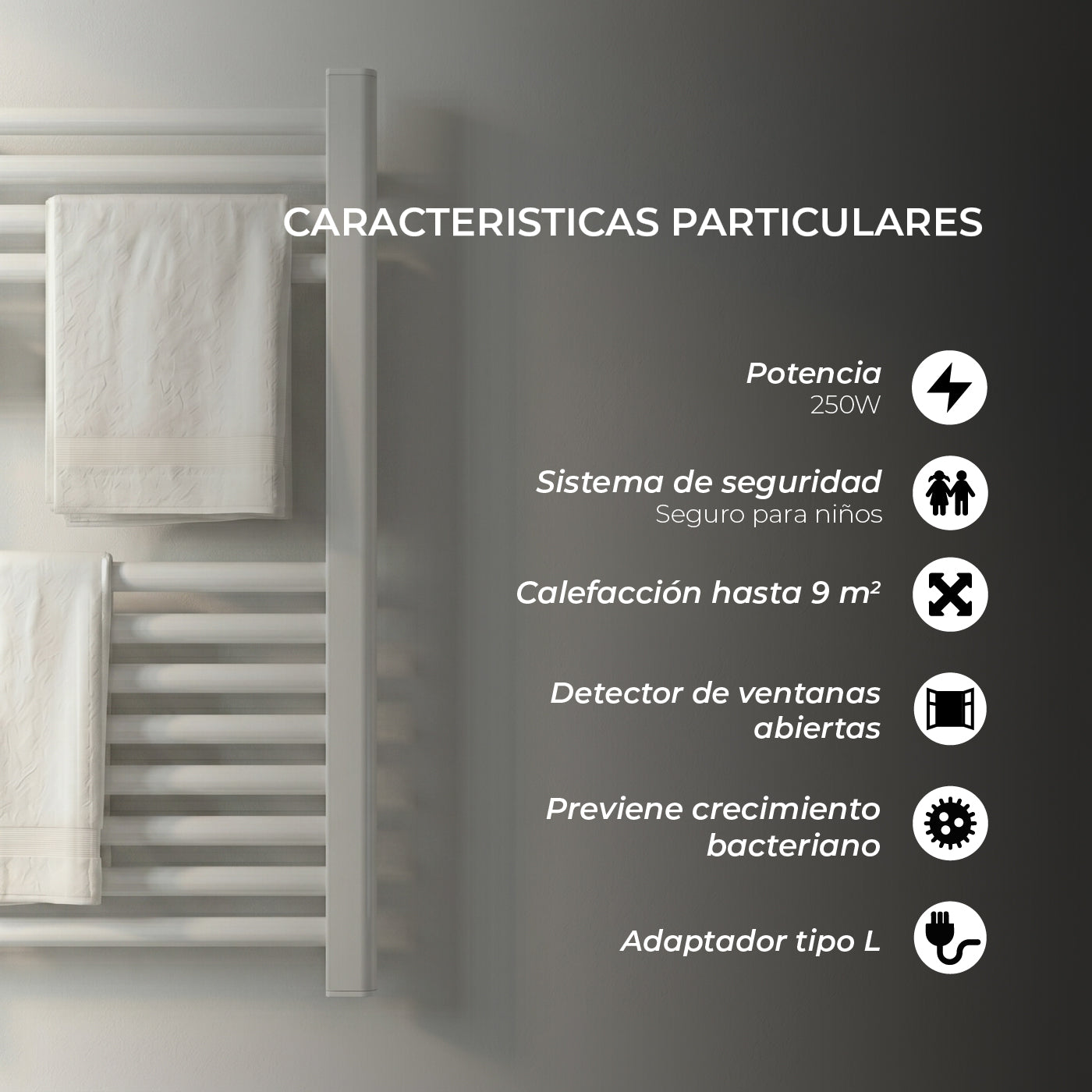 Calefactor Secador de Toalla Eléctrico para Baño 250W Mural 70cm x 40cm Siena
