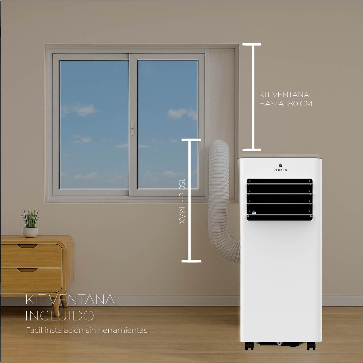 Aire Acondicionado Portátil Calefactor 4 en 1 - 9.000 BTU Frio / Calor Zermatt + Kit Ventana Corrediza 1,76 mt