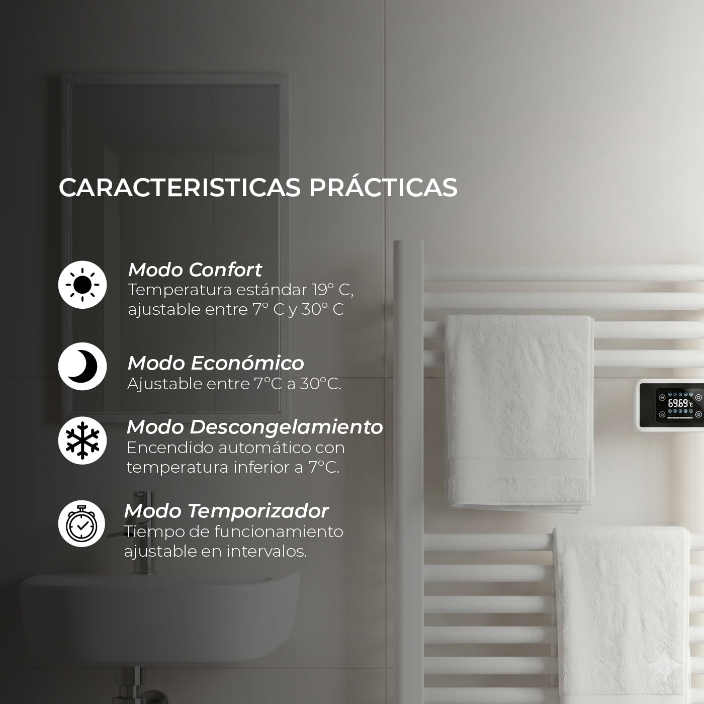 Calefactor Secador de Toalla Eléctrico para Baño 250W Mural 70cm x 40cm Salerno Blanco