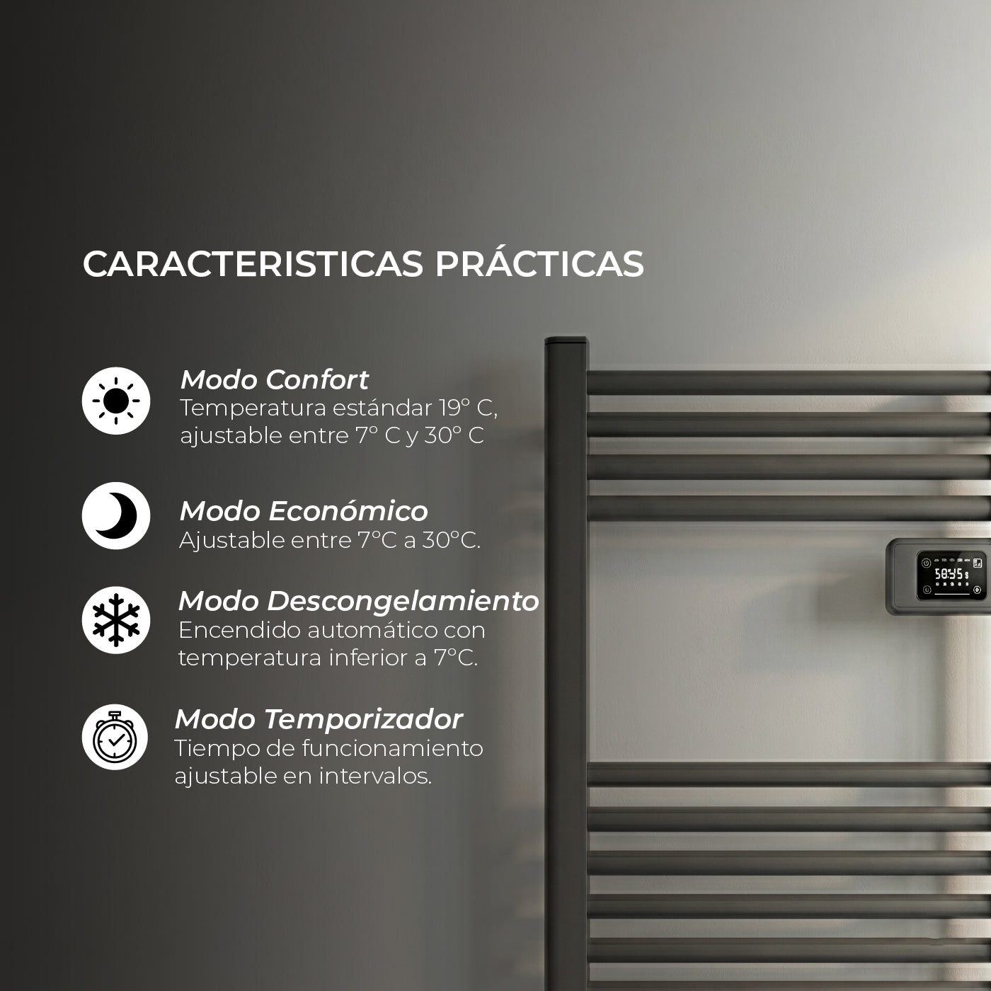 Calefactor Secador de Toalla Eléctrico para Baño 250W Mural 70cm x 40cm Salerno Gris