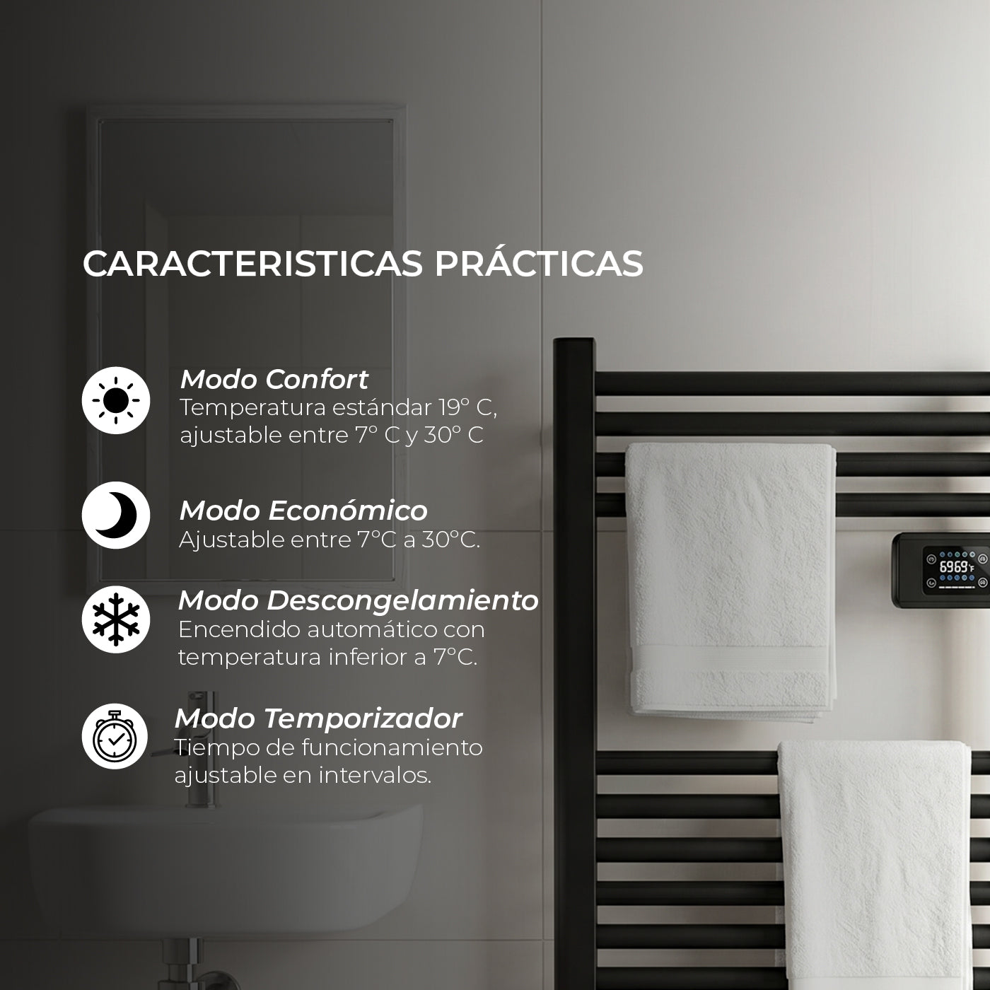 Calefactor Secador de Toalla Eléctrico para Baño 250W Mural 70cm x 40cm Salerno Negro