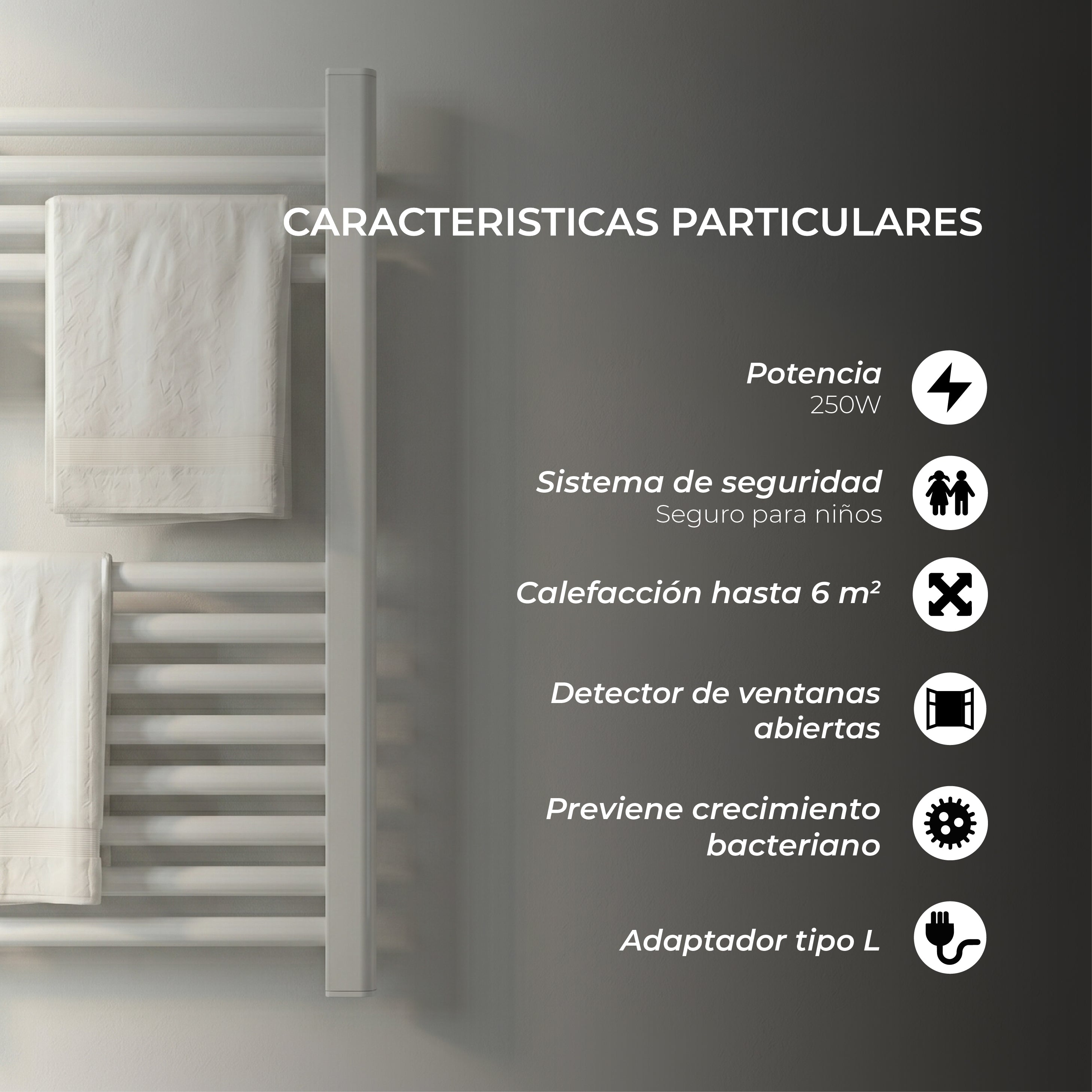 Calefactor Secador de Toalla Eléctrico para Baño 250W Mural 70cm x 40cm Salerno