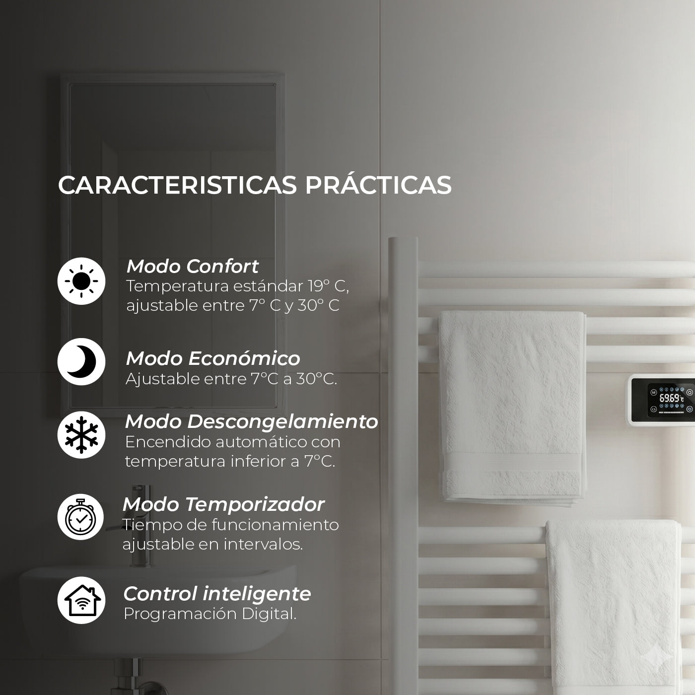 Calefactor Secador de Toalla Eléctrico para Baño 250W Mural 70cm x 40cm Siena Blanco