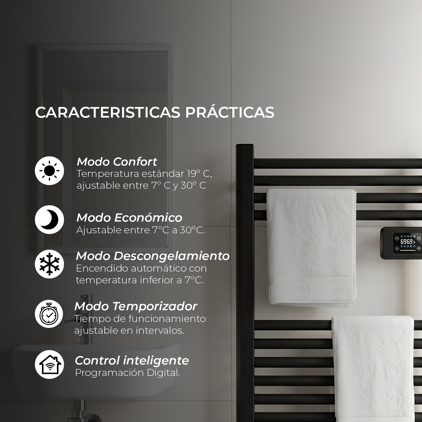 Calefactor Secador de Toalla Eléctrico para Baño 250W Mural 70cm x 40cm Siena Negro