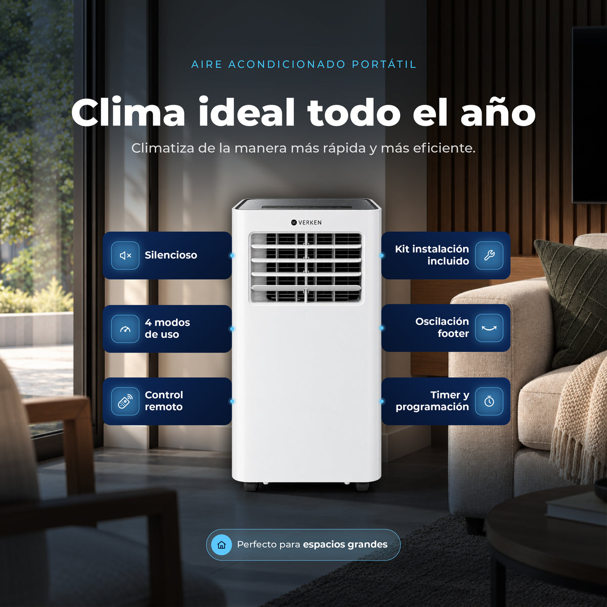 Aire Acondicionado Portátil 4 en 1 - 12.000 BTU Frío / Calor Lech + Kit Ventana Corrediza 1,80 mt