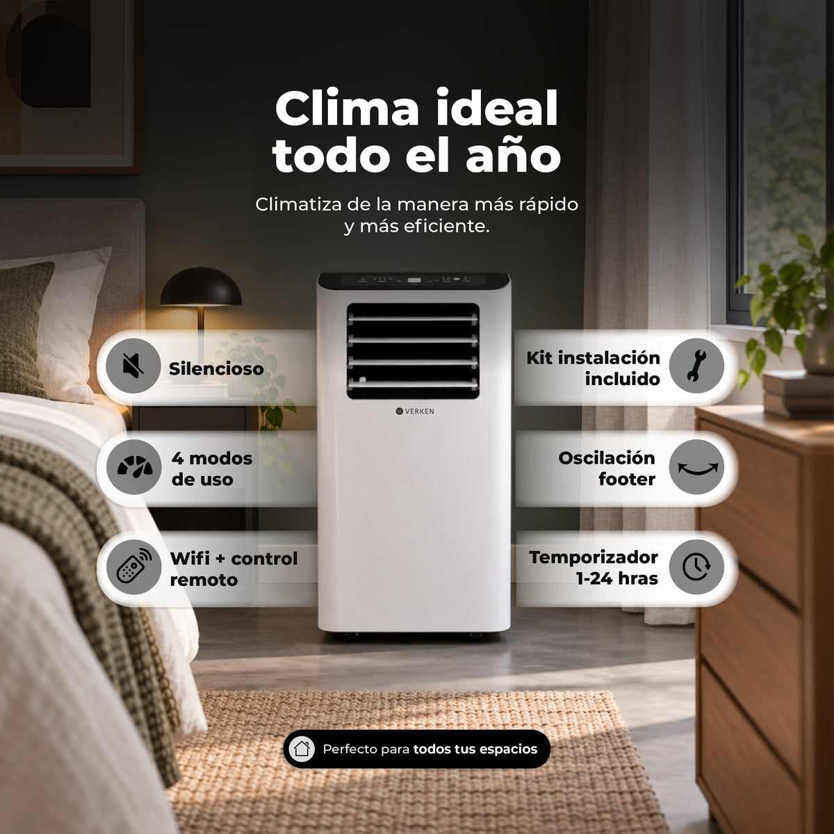 Aire Acondicionado Portátil 4 en 1 - 14.000 BTU Frío Calor Wifi Lech (hasta 30 m²) + Kit Ventana Corrediza 1,80 mt