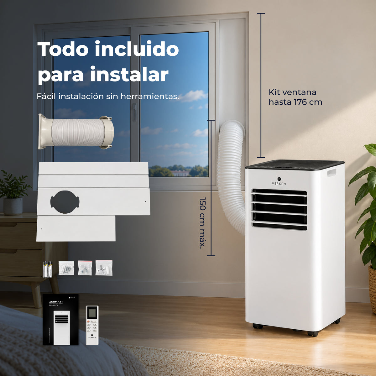 Aire Acondicionado Portátil Calefactor 4 en 1 - 9.000 BTU Frio / Calor Zermatt + Kit Ventana Corrediza 1,76 mt