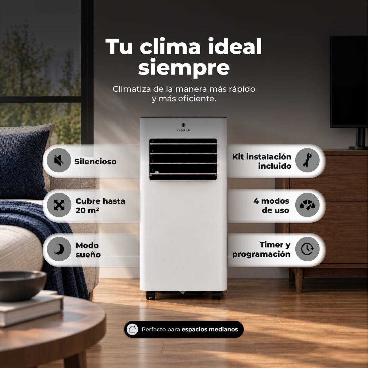 Aire Acondicionado Portátil Calefactor 4 en 1 - 9.000 BTU Frio / Calor Zermatt + Kit Ventana Corrediza 1,76 mt
