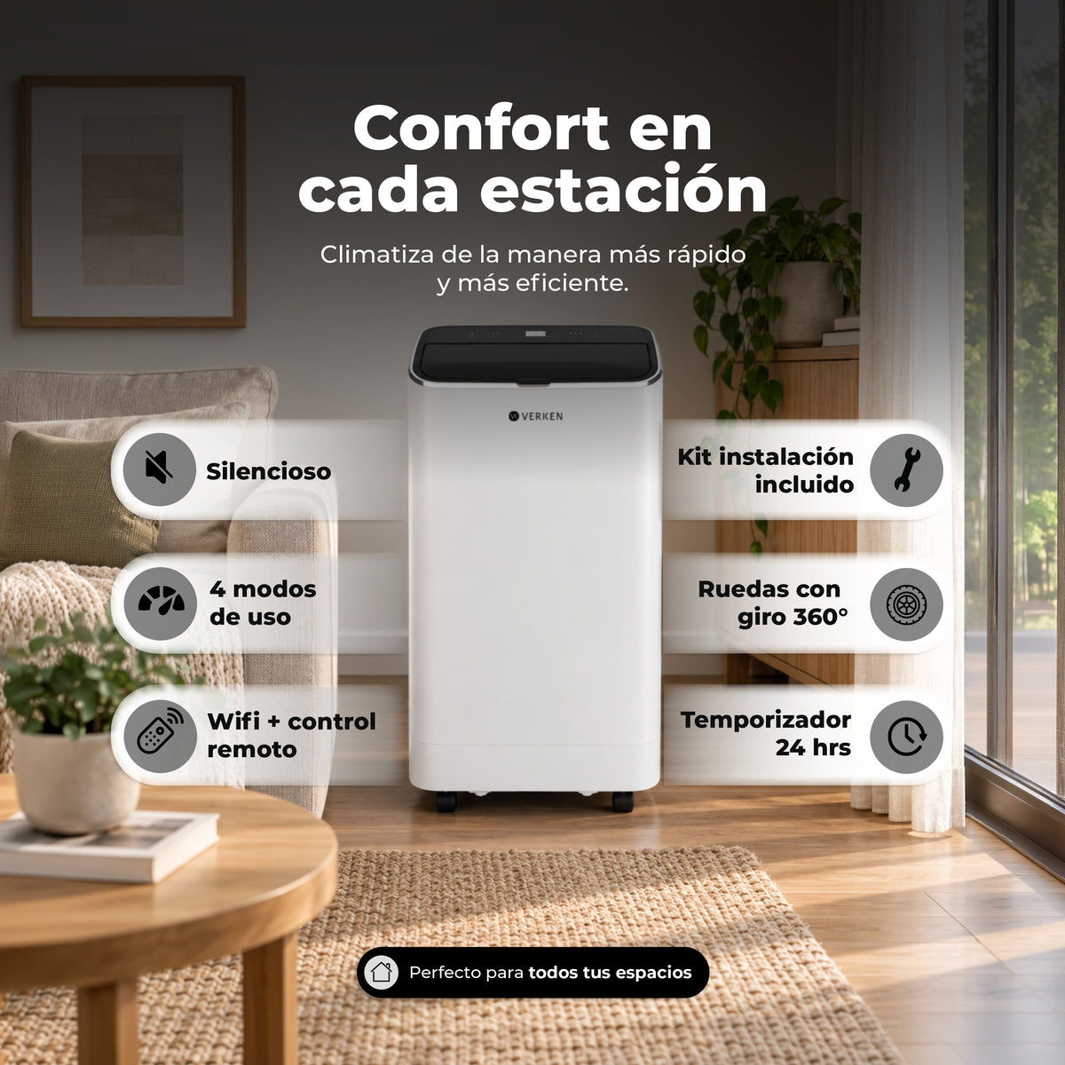 Aire Acondicionado Portátil Calefactor 4 en 1 - 12.000 BTU Frio / Calor Wifi Chamonix + Kit Ventana Corrediza 1,80 mt