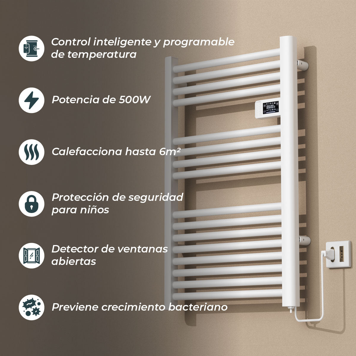Calefactor Secador de Toallas Eléctrico para Baño Programable 500 w Mural 88x54 cm Vesubio Blanco